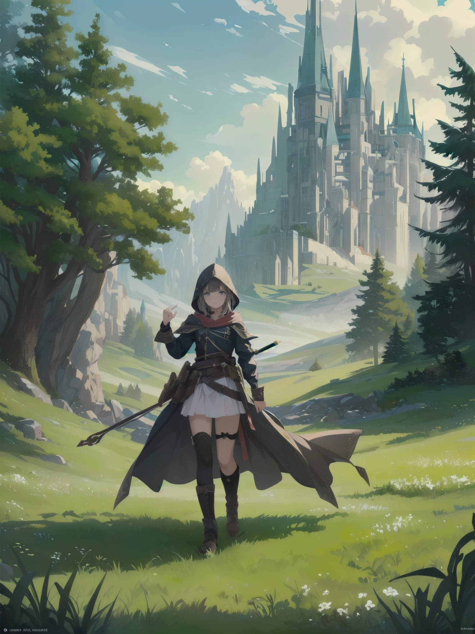 (Masterpiece, top quality, highest quality, official art, beautiful and aesthetic: 1.2), 1 girl, solo, marquise, adventurer, hood, meadow, detailed background, otherworldly fantasy with overwhelming modeling and super detailed amount of writing, one of the most powerful battle scenes, deep and detailed background, cute and beautiful girl, imaginative Cute girls, imaginative posing