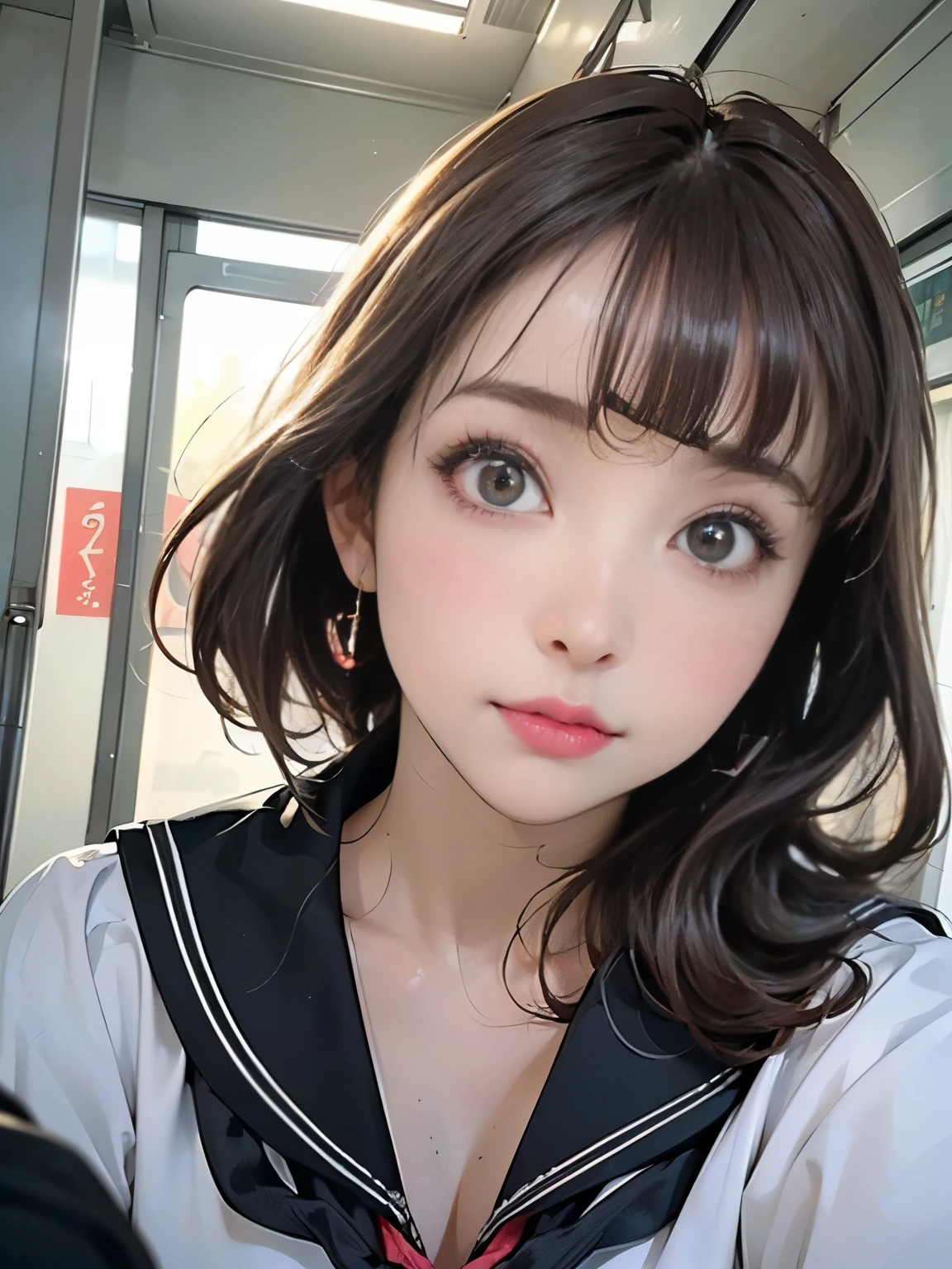 ((((highest quality))))、(((Ultra-precision CG16K wallpaper)))、(((masterpiece)))、(((Super detailed)))、(((Extreme detail)))、((1Mature 29 year old woman:1.6))、((Very beautiful Japanese faces))、((Yua Mikami:1.5))、((Straight medium hair、blunt bangs:1.5))、(Shiny brown hair)、Beautiful delicate brown eyes、eyeliner、eye shadow、High nose、Small nostrils、Small Mouth、Seductive lips、Beautiful breasts、((C cup size breasts))、Cleavage、Voluptuous body、eight-headed body、Perfect proportions、Perfect Anatomy、Perfect composition、Beautiful detailed shading、Beautiful, natural lighting、Beautiful detail glow、Depth of written boundary、(((High chroma)))、(((Real:1.9)))、((vivid:1.5))、((Beautiful Skin))、((Skin Texture))、((Realな皮膚感))、(((Full Shot:1.6)))、((Front view、Front low angle:1.6))、(((Confused face:1.4)))、(Woman is facing the front:1.6)、Bright daylight、Natural light、(((Inside the train:1.6)))、(Gravure idol pose:1.5)、(((High school girl wearing sailor uniform:1.6)))、((Earrings、Wearing a hair band:1.3))、