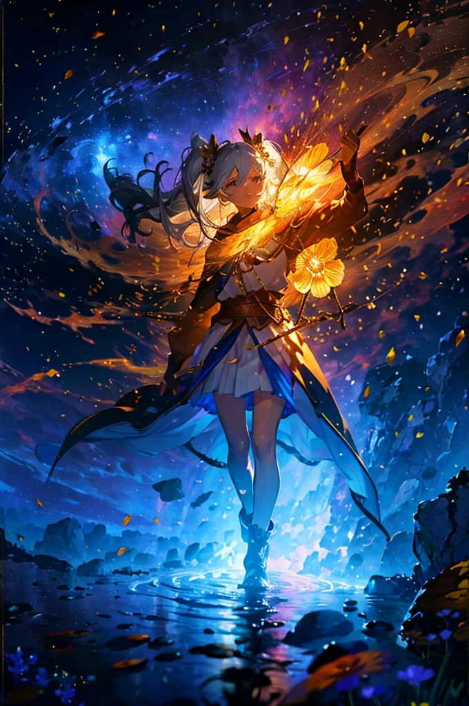 beautiful elf girl Floating With open arms Gray Hair Twin tails Elf Ears pointy ears Small breasts Short Drooping eyebrows Thick and short eyebrows Cape 短いCape 白いCape Golden Belt spats 黒いspats Golden boots Magic wand Wooden walking stick A staff inlaid with red stones Flower fields all around Lots of flowers The ground is full of flowers Colorful flowers Red flowers Yellow Flower White flowers highest quality, masterpiece, figure, Very detailed, Beauty Magic Spell, soft and ethereal light, A fantastic atmosphere, Mystical Creatures, empower allies, Empower yourself, Elemental magic, swirling energy, Pulsating aura, Decide, support, Vibrant colors, Glowing Rune, Floatingする, Swirling leaves,, Magic Bonds, Protective shield, Guiding Light, Sparkling particles, Captivating Environment, Harmony with Nature, hope, wisdom, Ancient secrets, Celestial Bodies, Esoteric knowledge, Mystical symbols, Spell casting, Elemental Power