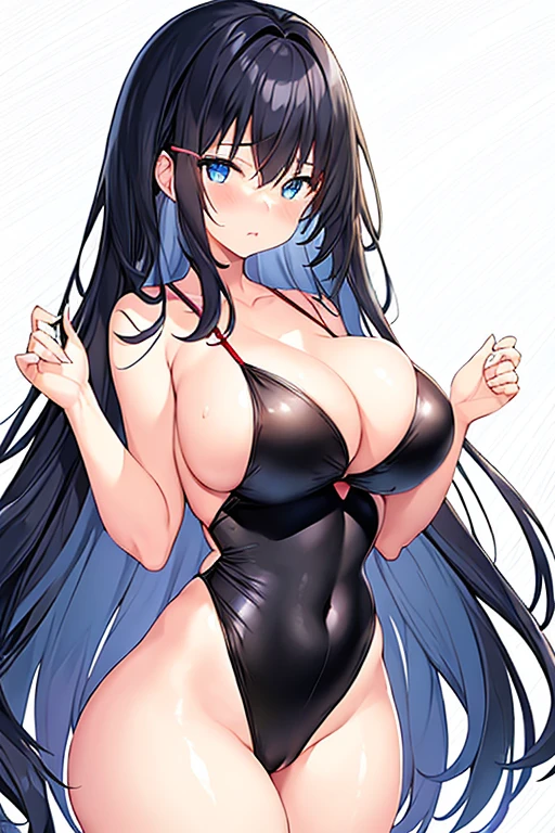 1girl, black hair, dark blue hair, dark hair, long hair, ornament, hair ornament, blue eyes, one-piece swimsuit, competition swimsuit, large breasts, wide hips, thick thighs, wavy mouth, shy, timid, breasts supress, ((breast suppress)), hands on breasts