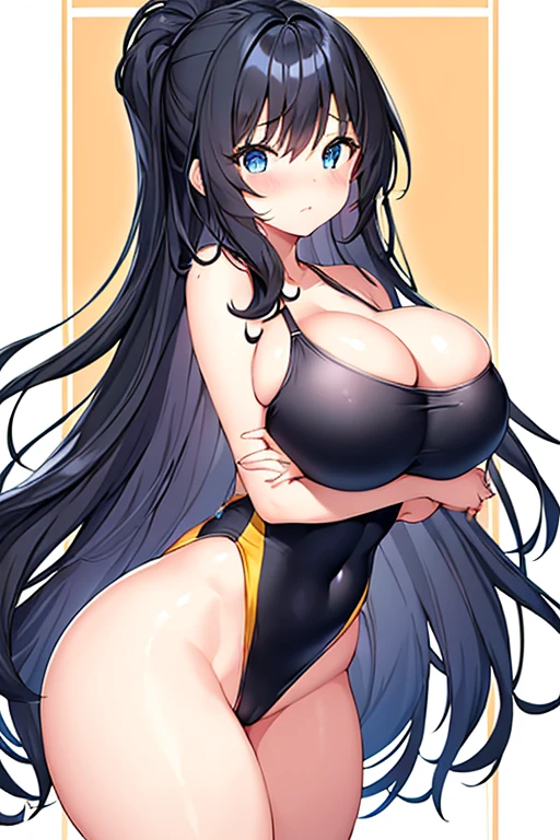 1girl, black hair, dark blue hair, dark hair, long hair, ornament, hair ornament, blue eyes, one-piece swimsuit, competition swimsuit, large breasts, wide hips, thick thighs, wavy mouth, shy, timid, breasts supress, ((breast suppress)), hands on breasts