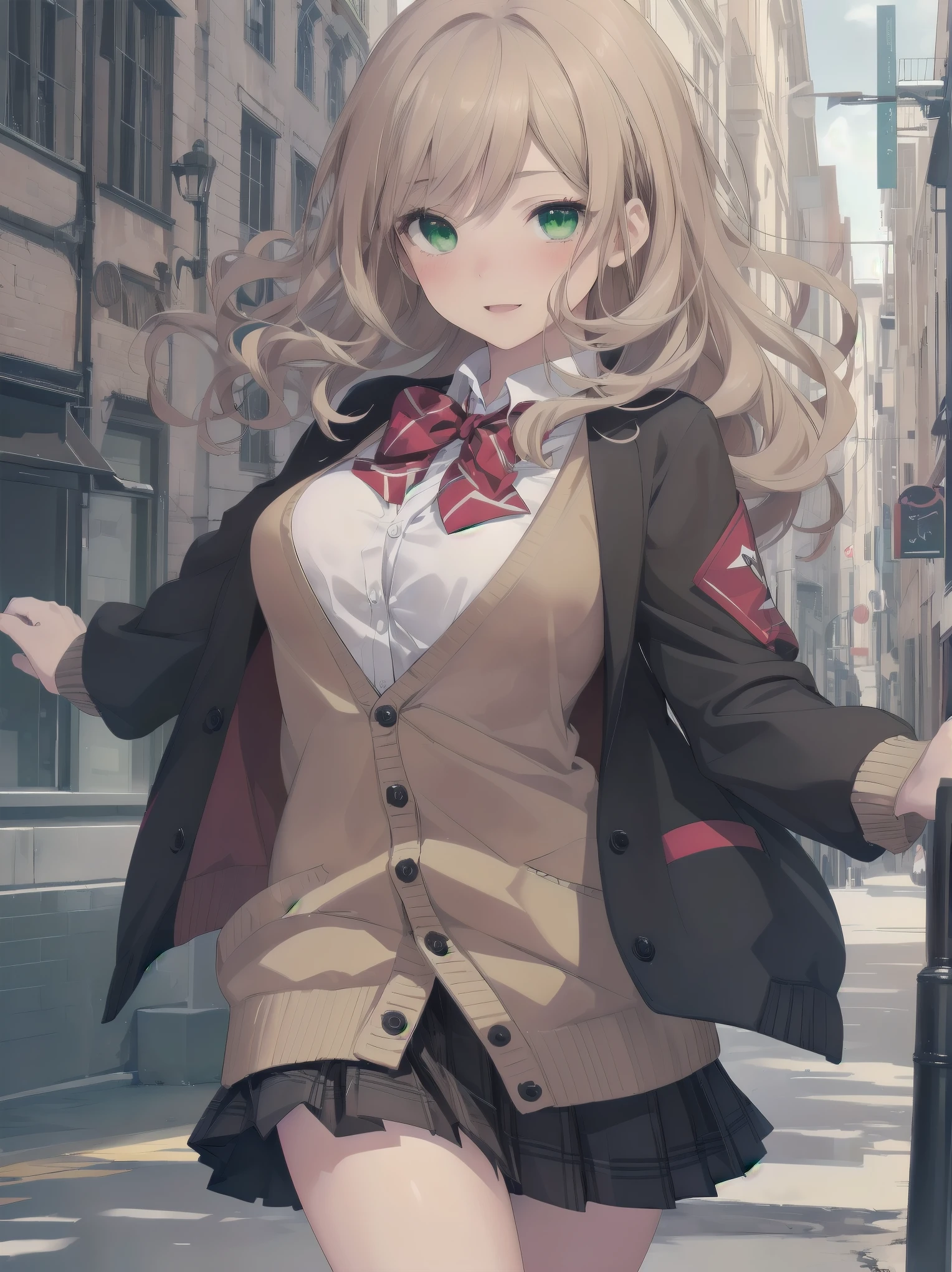 ((Tabletop, highest quality, High resolution, Perfect Pixel, Depth of written boundary, 4K))), One Girl, single, alone, Beautiful Anime Girls, Beautiful art style, Anime characters, ((Long Hair, bangs, Dark brown hair, Curly Hair:0.8)), ((Green Eyes:1.4, Fine grain, Beautiful Eyes, Perfect Eyes,Curled eyelashes, Realistic eyes)), ((Detailed face, Blushing:1.2)), ((Smooth texture:0.75, Realistic texture:0.5, Anime CG Style)), Medium chest, Dynamic Angle, Big Breasts, Perfect body, Dynamic pose, ((Red bow tie, , Black jacket, Open jacket, Brown cardigan, White shirt, Black Skirt, Checked skirt)), smile, Open your mouth, Put your arms behind your back, Leaning forward, Amalment Park
