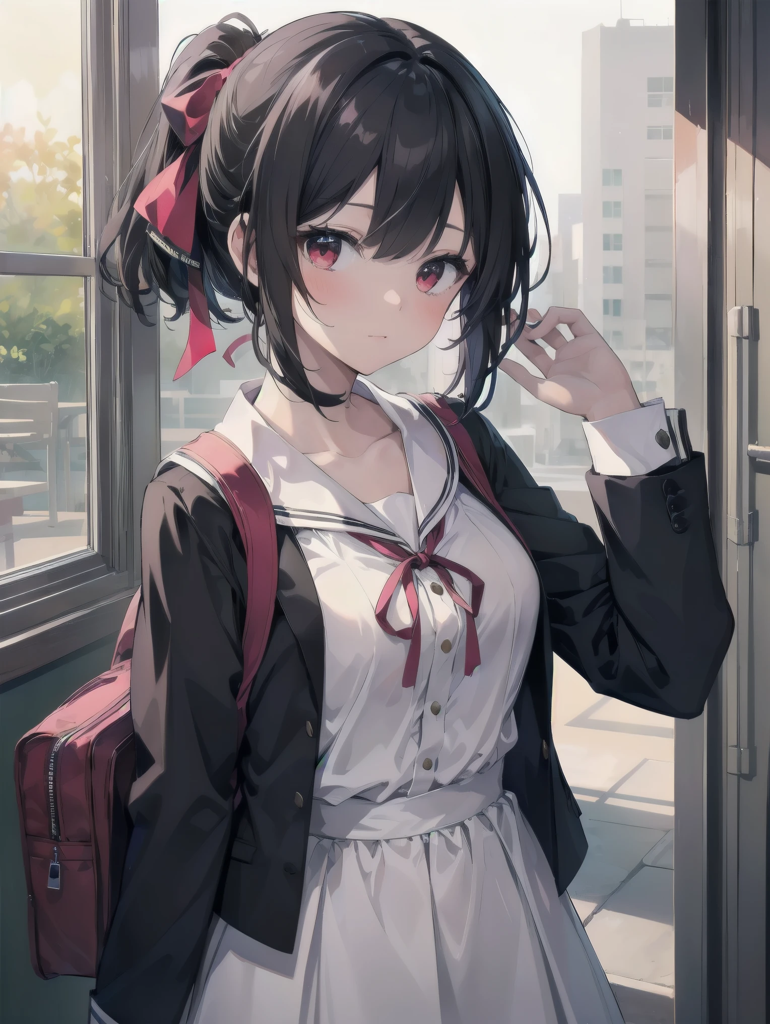 Masterpiece, top quality, super detailed, 16k, One girl, spring, high school, warm colors, school bag, accurate and highly detailed background, flock of schoolgirls in uniforms of various body shapes and hairstyles, cute. Blake. , red eyes, black hair, ribbon, red ribbon, hair ribbon, parted bangs, folded ponytail, , shuuchiin academy , dress, sidelocks, breasts, black dress, collarbone, short hair, long sleeves
