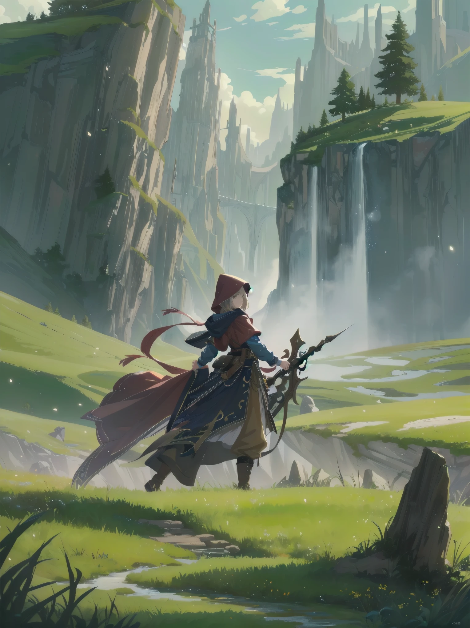 (Masterpiece, top quality, highest quality, official art, beautiful and aesthetic: 1.2), 1 girl, solo, marquise, adventurer, hood, meadow, detailed background, otherworldly fantasy with overwhelming modeling and super detailed amount of writing, one of the most powerful battle scenes, deep and detailed background, cute and beautiful girl, imaginative Cute girls, imaginative posing
