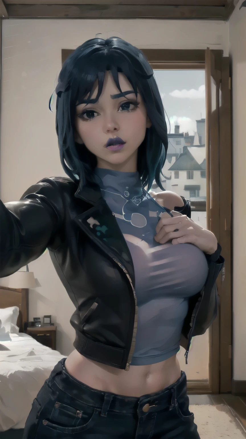 (masterpiece,best quality,absurdres,beautiful,sharp,detailed),1girl,hopefn, blue lips, navel, blue hair, jacket, in a bedroom, upper body, kabedonpov, grabbing veiwer pov, closer to the pov, 
girl grab both hands,