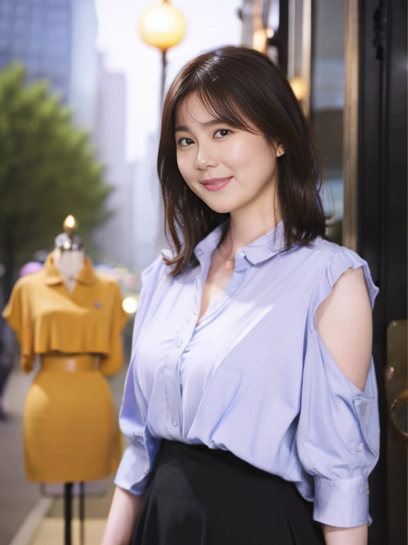 ((masterpiece))、((highest quality))、photograph、reality、high resolution、Very detailed、Married women、40 years old、(Plump body)、Delicate features、short hair、Realistic background and accessories、Big and ample breasts、Sexy smile、city、Create a shop window、Tight knit skirt、A shirt that shows cleavage、Wide-angle、evening、Midsummer Sun、((No sleeve))、