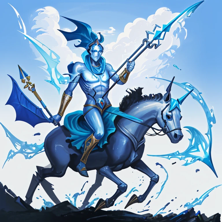 Triton man knight wearing a blue metal brunea with a mounted cavalry spear and a trident in an arena 