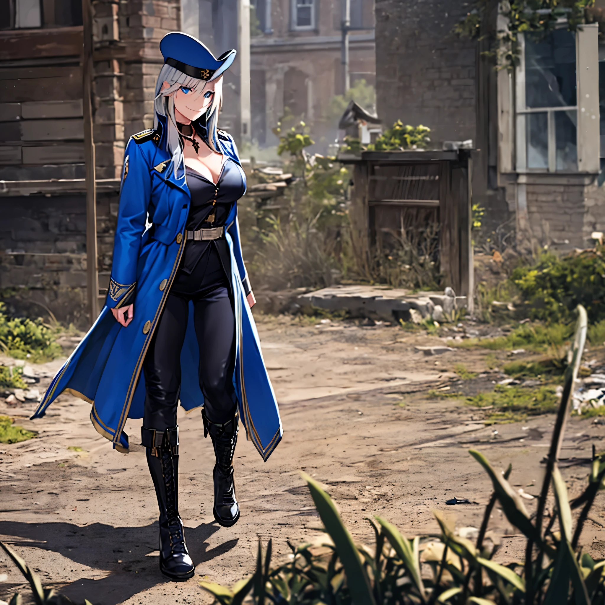 a woman wearing an 18th century American military uniform, blue military coat, military hat, black military boots, black military pants, shoulder length silver hair, smiling blue eyes, big breasts, perfect eyes, walking in a battlefield, HDR , ultra resolution, sharp, masterpiece, 8K HD (solo woaman)
