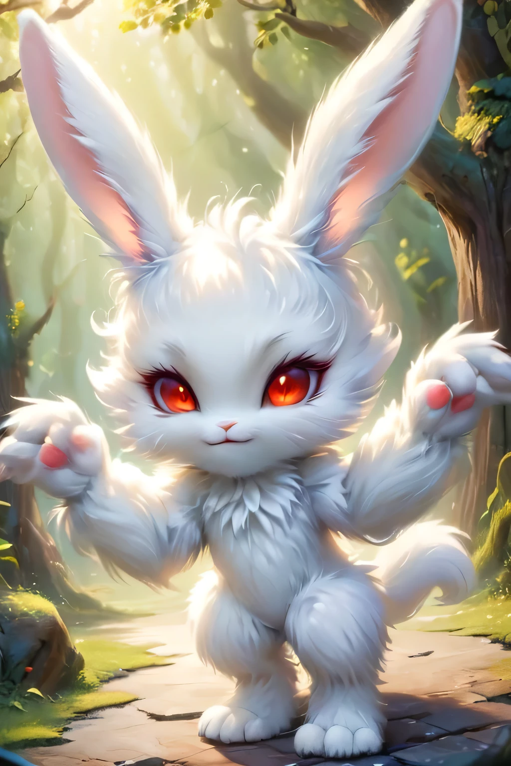 fantasy art , 8K, HD, Creature magic,white,red eyes,male,cute,pretty,monster,bunny,standing,anthro,white furry,looking in the camera,fluffy hands