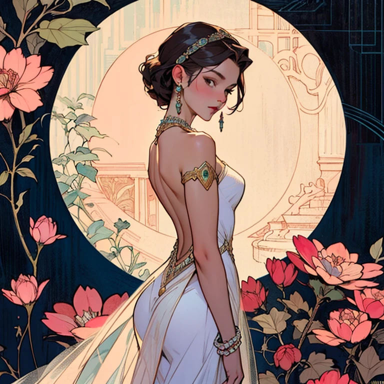 1girl,mucha art style,graphic illustration style,headwear,jewelry,pearls and jewels,d background,longuette,(woman's) dress,backless dress,