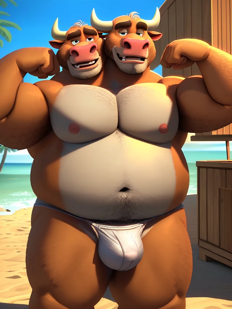 solo, bovine, three headed white bull, bull horns, bull tail:1.3, (identical:1.3), (adult male, 50 year old male, (stylized 3d, by disney, by rembrandt), by pixar:1.1, by dramamine, (fat, dadbod, chubby, bald, beard, white fur, white belly, white chest, old, ugly), beach background, (thong, bulge, navel, nipples), correct hands, correct anatomy, (detailed eyes:1.2, cartoon eyes:1.2, small dark pupils, masculine eyes), (ultradetailed, best quality, detailed masterpiece, highly detailed masterpiece, 4k, professional cartoon:1.7), ((flexing:1.3, natural pose:1.3, nuanced expressions:1.3))