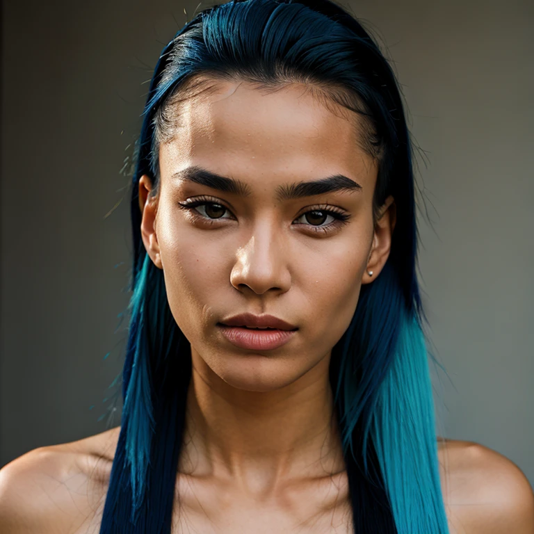 (masterpiece, best quality:1.2), 1girl, solo, gritty candid raw portrait, close-up photo of a young 20 year old beautiful, big lips, slim body, high cheekbones, playful, Swedish and Kazakh mixed race, long straight black and neon blue hair with an undercut, realistic skin texture, flawed skin