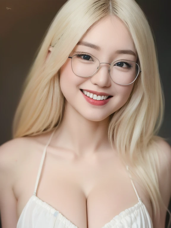 (realistic、masterpiece、Best Quality、8K、highres、high resolution:1.3)、1 glasses girl、 Huge breasts、smile, white bikini、pale white skin、looking at viewers、super fine face and eyes、long blonde hair、indoor、 upper body、