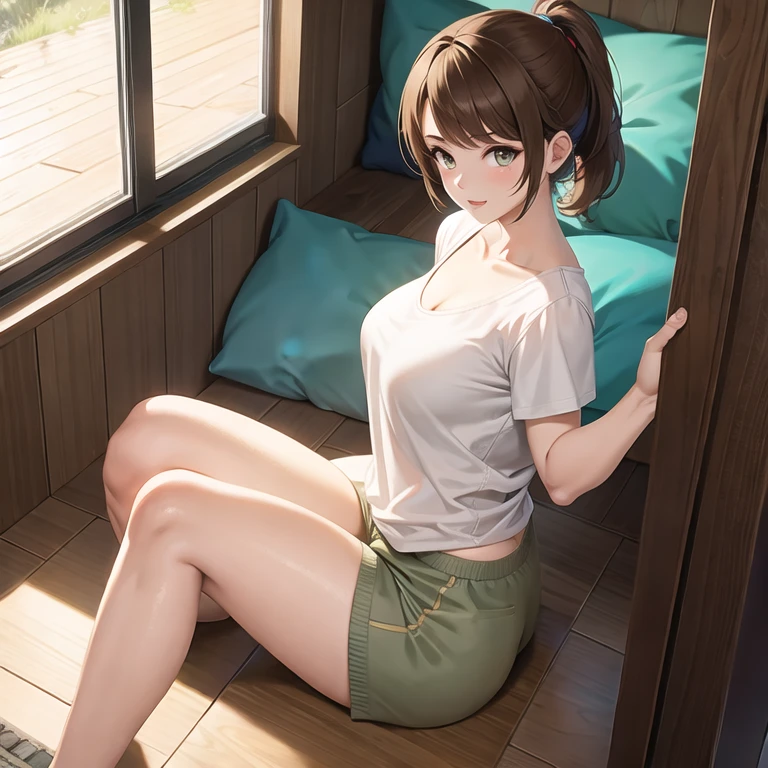 (masterpiece, best quality:1.2), 1girl, solo、 short ponytail, brown hair