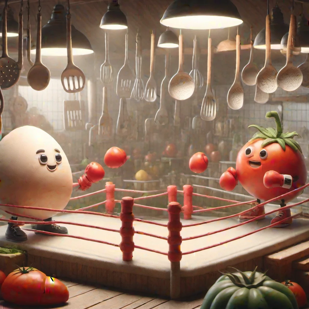 A whimsical kitchen style boxing ring, egg and tomato boxing match, cartoon, illustration, cute, with a kitchen style boxing ring in the background, the egg is wearing miniature gloves and a determined smile, the tomato is wearing boxing gloves, the scene is vibrant and cartoony , the scene is lively and captures a unique scene of friendship