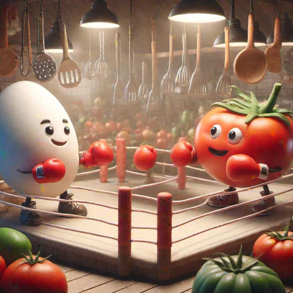 Imagine a whimsical scene where a charming egg and a plump tomato stand in a boxing ring, poised for a friendly bout. The egg, sporting miniature gloves and a determined smile, faces its opponent, the tomato, which wears its own set of gloves, its stem resembling a jaunty little hat. The ring is set in a kitchen-like arena, with utensils hanging on the walls and an audience of various fruits and vegetables cheering with childlike enthusiasm. The colors are vibrant and cartoonish, with exaggerated expressions and movements that capture the innocence of childhood and the spirit of camaraderie. The entire composition is lively and animated, as if the egg and tomato are not just food items, but beloved characters in their own right, engaging in a playful spar that symbolizes their unique friendship.