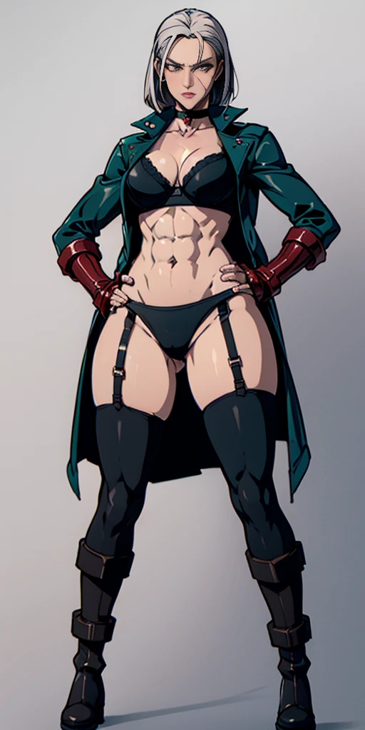 ((Plain background 1:2)) (Cammy White Street Fighter white silver short bob haircut) Female full body standing straight symmetrical looking to the viewer RED full body armored (handcuffs, shackles, rerebrace, faulds, poleyn, gauntlets, leather collar choker, gloves, gauntlets, high boots bootstraps, black stockings) 2 crossing big belt under belly button, navel, abs, garter straps belts attaching bra ((hands on hips)) view from below, wide hips - choppy bangs, arched crescent eyebrows, sharp and determined eyes, a delicate oval face, a serious expression, a fantasy-style dark green military coat, draped with a dark red cloak, leather combat boots, silver greaves leggings, this character embodies a finely crafted fantasy style female military officer in anime style, exquisite and mature manga art style, pale skin, big breast knockers cleavage,