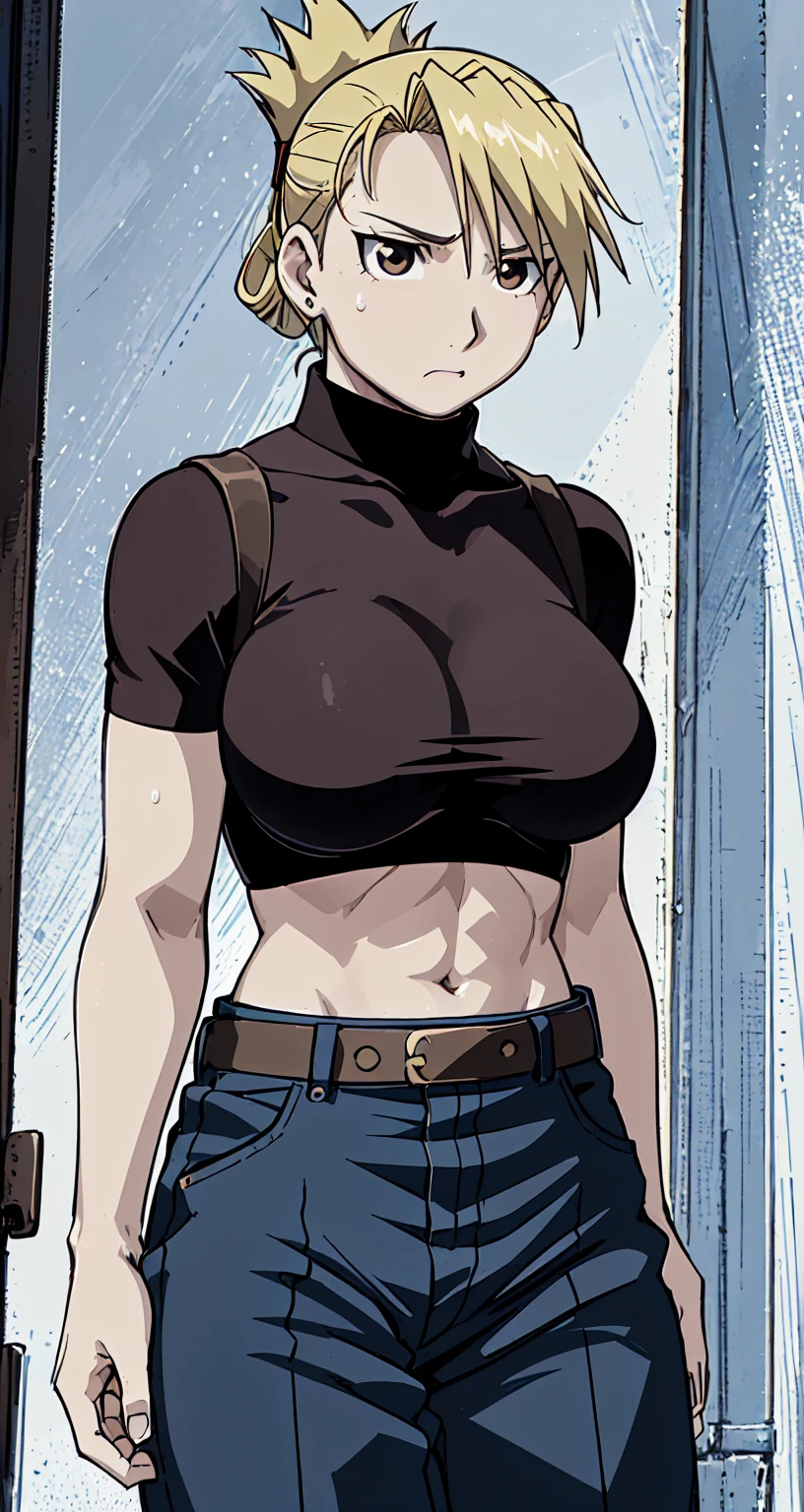 masterpiece, best quality, highres, 1girl, hmriza, ponytail, brown eyes,Big , black shirt, tight shirt, holster, short sleeves, belt, covered navel, blue pants,Inside the room、Upper body close-up、Muscular body、blush、Sweat、Composition from the front、anime、Hide your arms behind your back、(((Torn clothes、No bra、Embarrassed face)))