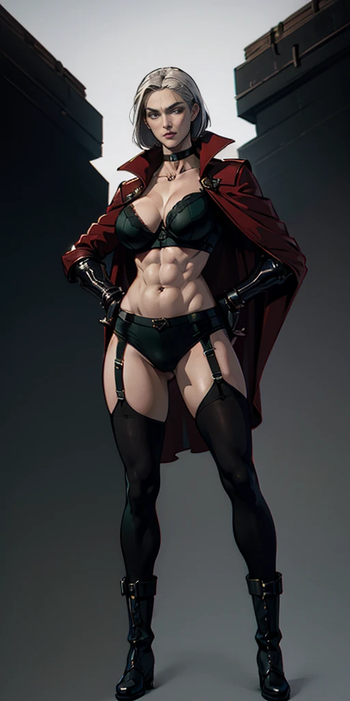 ((Plain background 1:2)) (Cammy White Street Fighter white silver short bob haircut) Female full body standing straight symmetrical looking to the viewer RED full body armored (handcuffs, shackles, rerebrace, faulds, poleyn, gauntlets, leather collar choker, gloves, gauntlets, high boots bootstraps, long stockings) 2 crossing big belt under belly button, navel, abs, garter straps belts attaching bra ((hands on hips)) view from below, wide hips - choppy bangs, arched crescent eyebrows, sharp and determined eyes, a delicate oval face, a serious expression, a fantasy-style dark green military coat, draped with a dark red cloak, leather combat boots, leggings with garters belts straps attaching to the waist, this character embodies a finely crafted fantasy style female military officer in anime style, exquisite and mature manga art style, pale skin, big breast knockers cleavage
