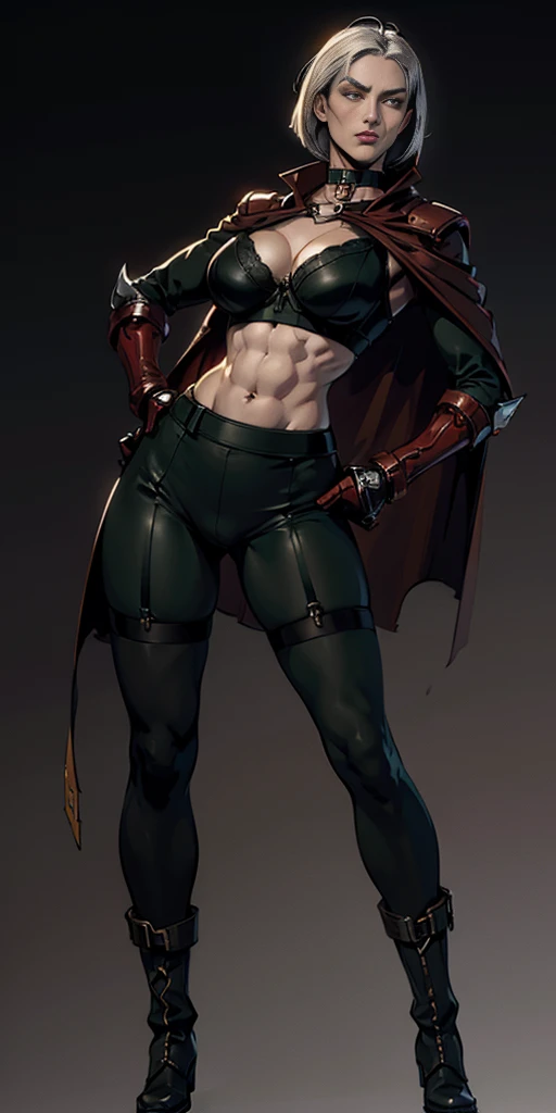 ((Plain background 1:2)) (Cammy White Street Fighter white silver short bob haircut) Female full body standing straight symmetrical looking to the viewer RED full body armored (handcuffs, shackles, rerebrace, faulds, poleyn, gauntlets, leather collar choker, gloves, gauntlets, high boots bootstraps, long stockings) 2 crossing big belt under belly button, navel, abs, garter straps belts attaching bra ((hands on hips)) view from below, wide hips - choppy bangs, arched crescent eyebrows, sharp and determined eyes, a delicate oval face, a serious expression, a fantasy-style dark green military coat, draped with a dark red cloak, leather combat boots, leggings with garters belts straps attaching to the waist, this character embodies a finely crafted fantasy style female military officer in anime style, exquisite and mature manga art style, pale skin, big breast knockers cleavage