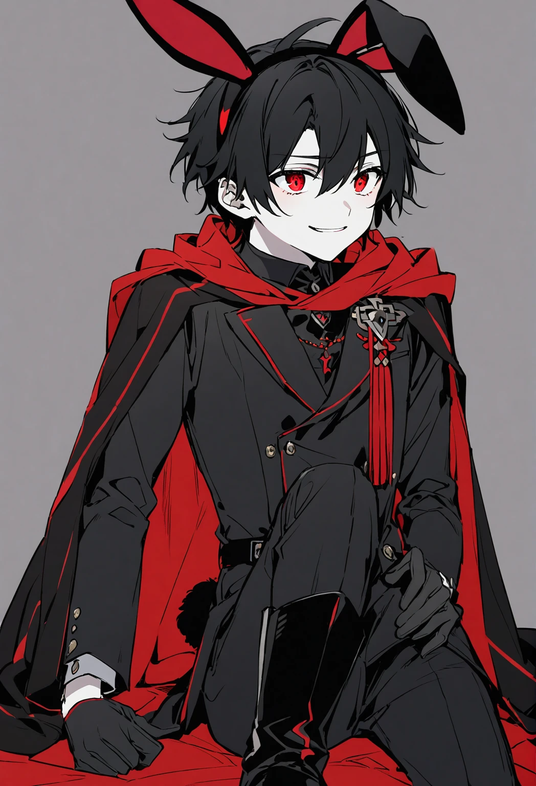 1Boy, black bunny ears, black bunny tail, messy black hair, shoulder, white skin, red eyes, innocent look, shy smile, Asian eyes, black suit with red accessories, red cape, black pants, gray gloves, black boots.