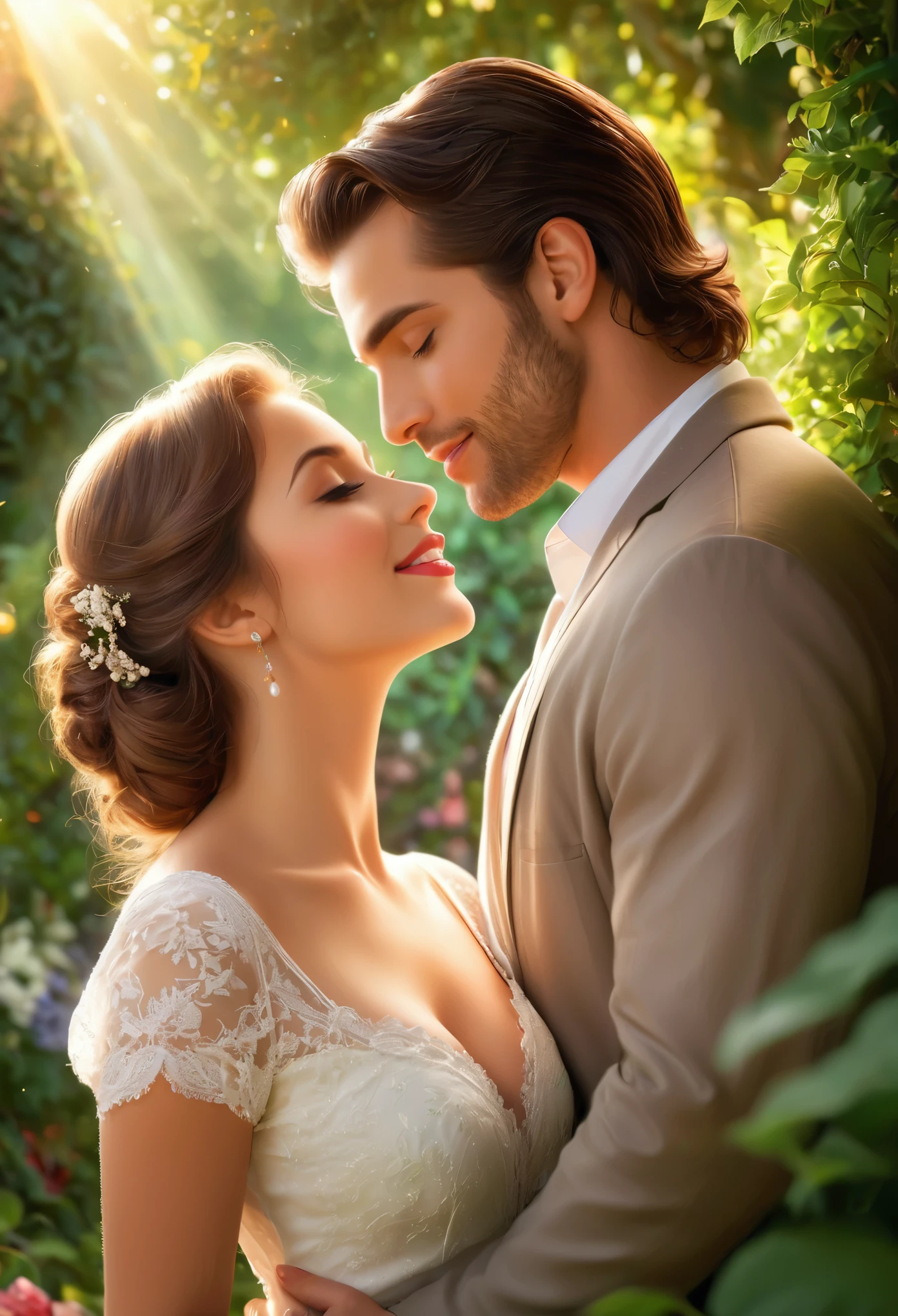 (highres,realistic,photorealistic:1.2),vivid colors,professional,studio lighting A couple,woman,man,romance novel,beautiful detailed eyes,beautiful detailed lips,long eyelashes,radiant smiles,embracing each other,romantic background,soft lighting,warm atmosphere,endless love,passionate kiss,lush garden,sunlit path,whispering sweet nothings in the ear
