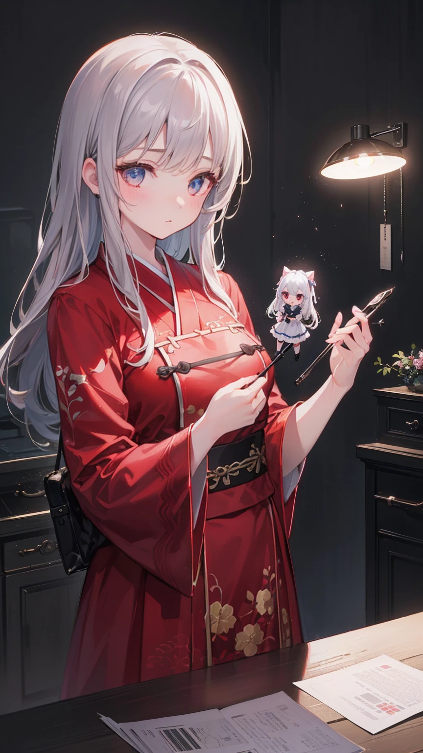(8k, original photo, best quality, masterpiece:1.2), (Practical, photo-Practical:1.37),1 Girl, night, Professional lighting, Photon Mapping, Radiosity, Korean Doll, long traditional clothes, Gray background