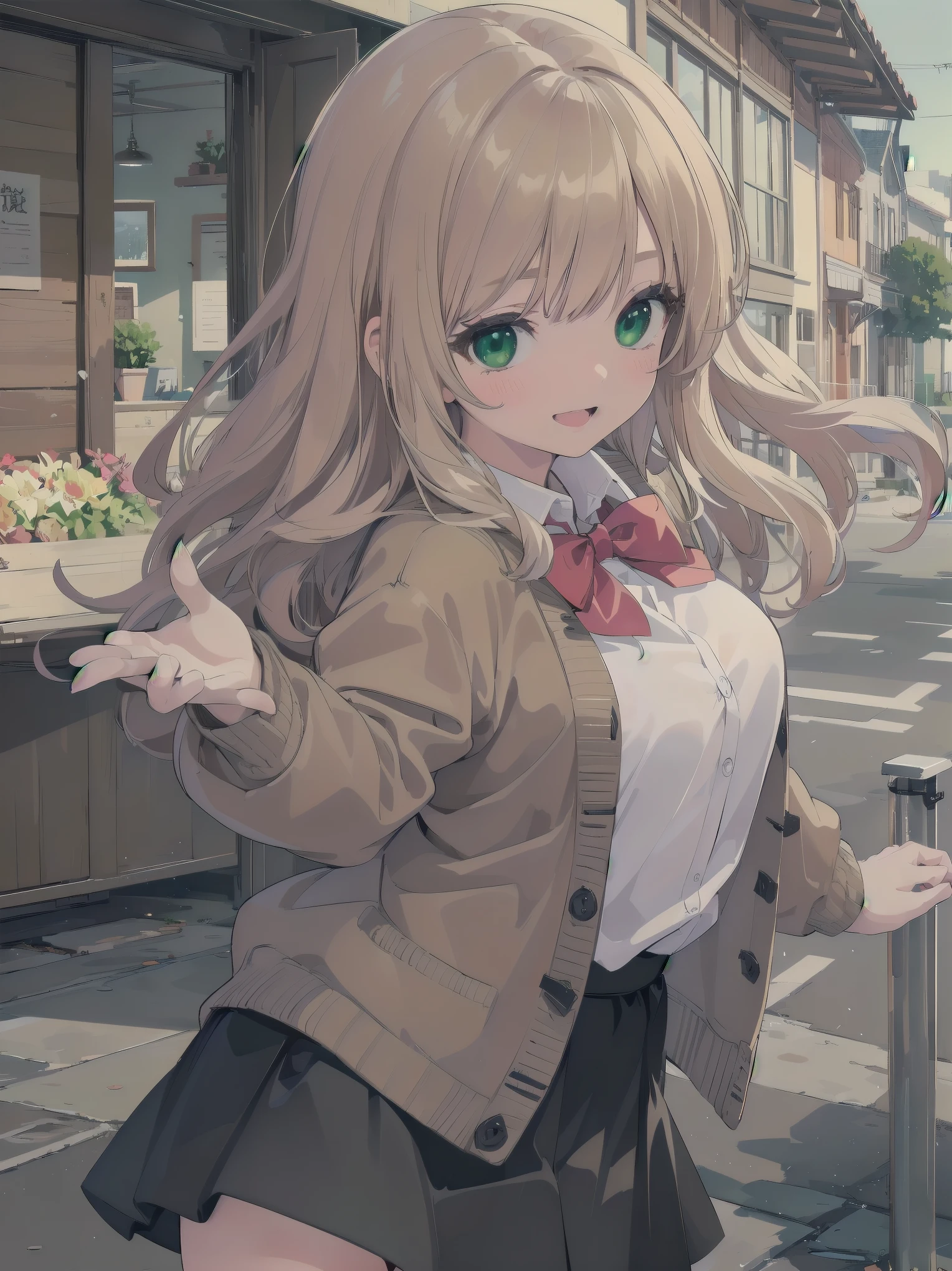 ((Tabletop, highest quality, High resolution, Perfect Pixel, Depth of written boundary, 4K))), One Girl, single, alone, Beautiful Anime Girls, Beautiful art style, Anime characters, ((Long Hair, bangs, Dark brown hair, Curly Hair:0.8)), ((Green Eyes:1.4, Fine grain, Beautiful Eyes, Perfect Eyes,Curled eyelashes, Realistic eyes)), ((Detailed face, Blushing:1.2)), ((Smooth texture:0.75, Realistic texture:0.5, Anime CG Style)), Medium chest, Dynamic Angle, Big Breasts, Perfect body, Dynamic pose, ((Red bow tie, , Black jacket, Open jacket, Brown cardigan, White shirt, Black Skirt, Checked skirt)), smile, Open your mouth, Put your arms behind your back, Leaning forward, Amalment Park
