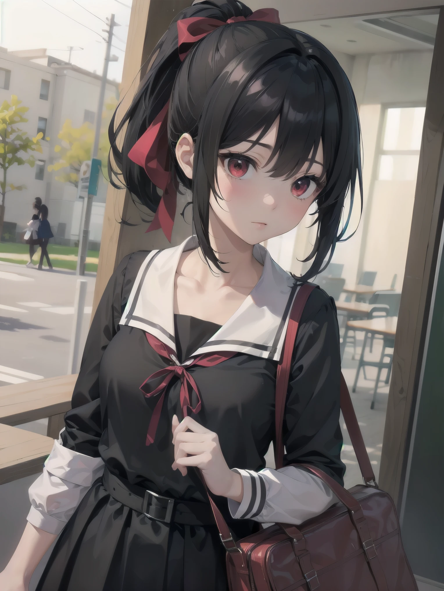 Masterpiece, top quality, super detailed, 16k, One girl, spring, high school, warm colors, school bag, accurate and highly detailed background, flock of schoolgirls in uniforms of various body shapes and hairstyles, cute. Blake. , red eyes, black hair, ribbon, red ribbon, hair ribbon, parted bangs, folded ponytail, , shuuchiin academy , dress, sidelocks, breasts, black dress, collarbone, short hair, long sleeves
