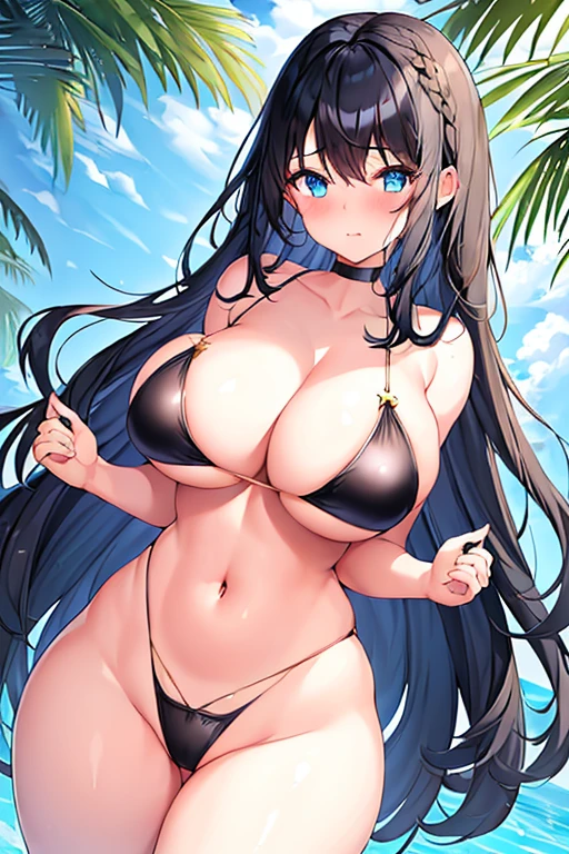 1girl, black hair, dark blue hair, dark hair, long hair, ornament, hair ornament, blue eyes, one-piece swimsuit, competition swimsuit, large breasts, wide hips, thick thighs, wavy mouth, shy, timid, breasts supress, ((breast suppress)), hands on breasts, black swimsuit, blue trim