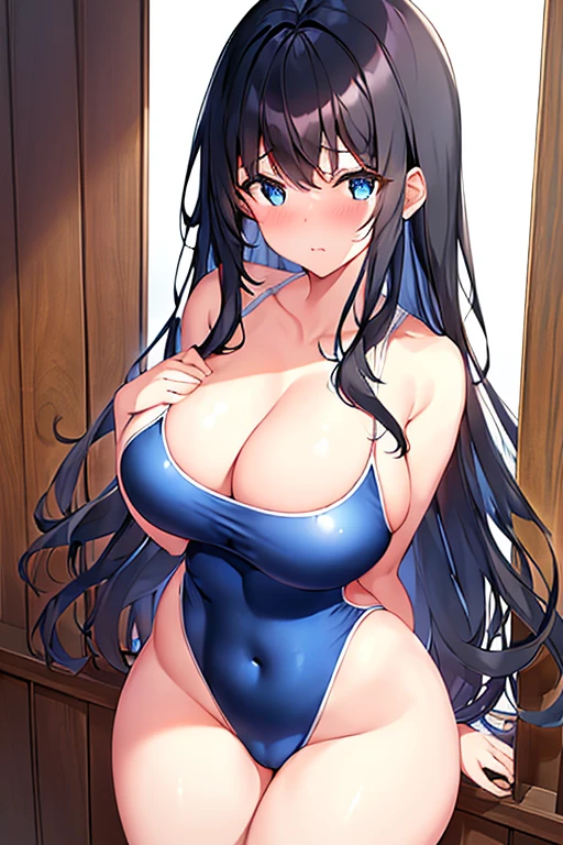 1girl, black hair, dark blue hair, dark hair, long hair, ornament, hair ornament, blue eyes, one-piece swimsuit, competition swimsuit, large breasts, wide hips, thick thighs, wavy mouth, shy, timid, breasts supress, ((breast suppress)), hands on breasts, black swimsuit, blue trim