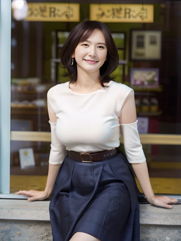 ((masterpiece))、((highest quality))、photograph、reality、high resolution、Very detailed、Married women、40 years old、(Plump body)、Delicate features、short hair、Realistic background and accessories、Big and ample breasts、Sexy smile、city、Create a shop window、Tight knit skirt、A shirt that shows cleavage、Wide-angle、evening、Midsummer Sun、((No sleeve))、