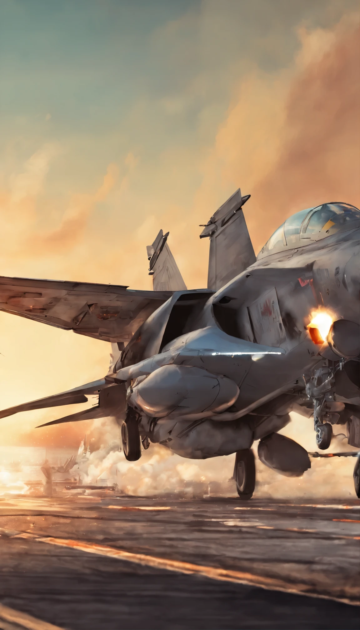 8k, melhor qualidade, obra de arte, scenario, mar, Action, panoramic view, F15 Plano Tomcat , Eu 28, tiroteio, TOPGUN, TOPGUN logo, fogo, guerra, aircraft carrier in the background,blue sky, sunset, realist, 8k