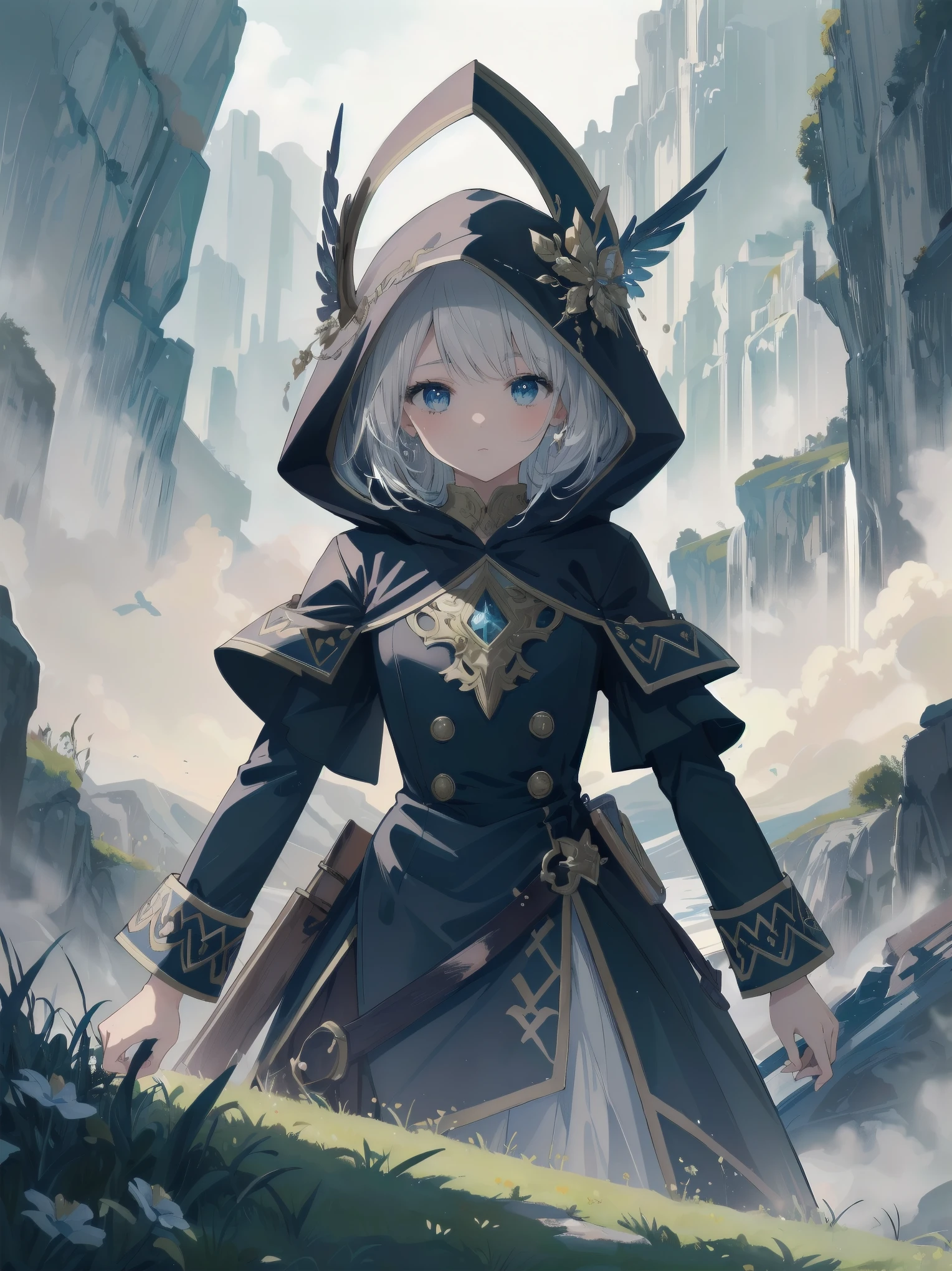 (Masterpiece, top quality, highest quality, official art, beautiful and aesthetic: 1.2), 1 girl, solo, marquise, adventurer, hood, meadow, detailed background, otherworldly fantasy with overwhelming modeling and super detailed amount of writing, one of the most powerful battle scenes, deep and detailed background, cute and beautiful girl, imaginative Cute girls, imaginative posing
