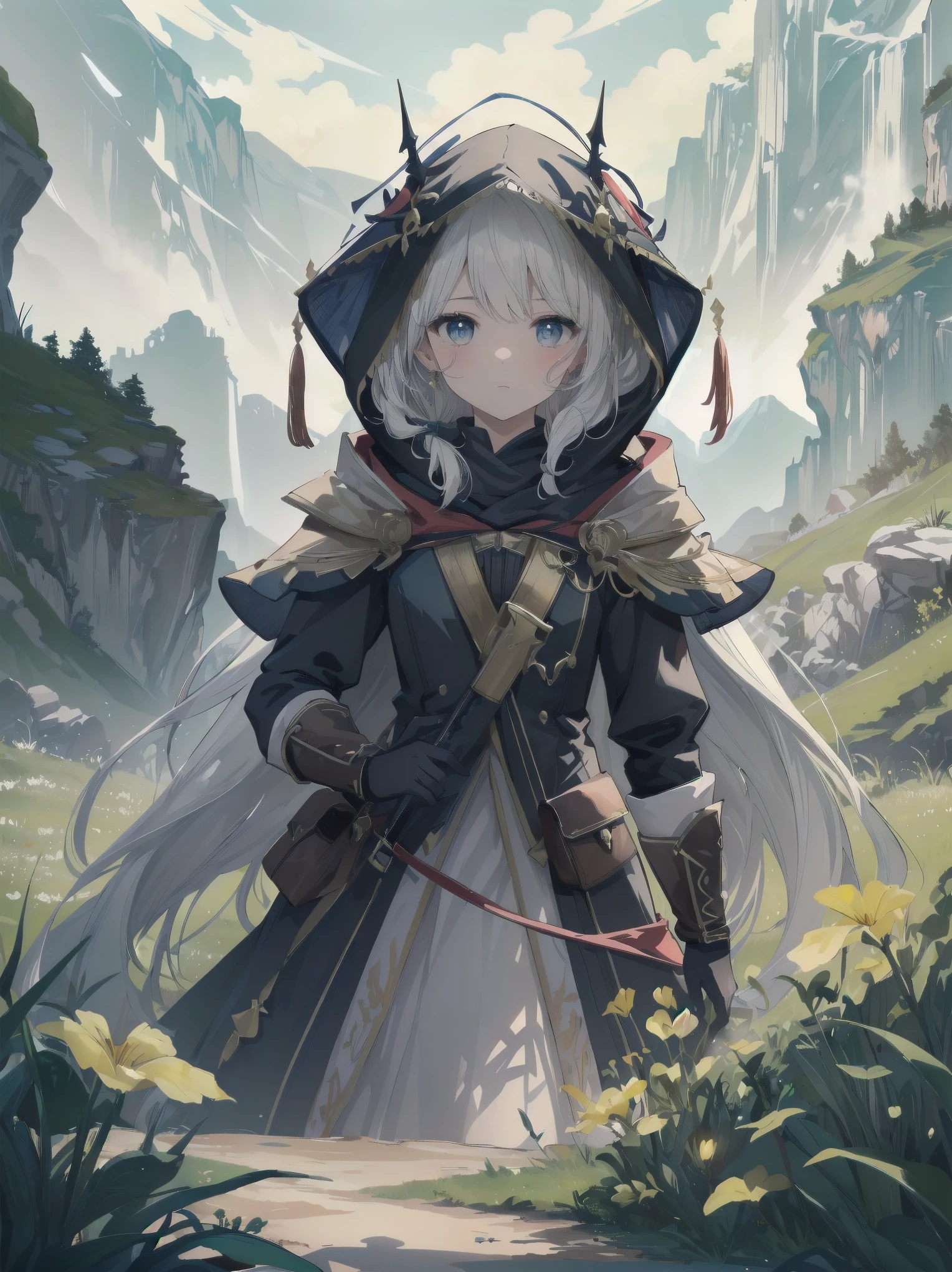 (Masterpiece, top quality, highest quality, official art, beautiful and aesthetic: 1.2), 1 girl, solo, marquise, adventurer, hood, meadow, detailed background, otherworldly fantasy with overwhelming modeling and super detailed amount of writing, one of the most powerful battle scenes, deep and detailed background, cute and beautiful girl, imaginative Cute girls, imaginative posing
