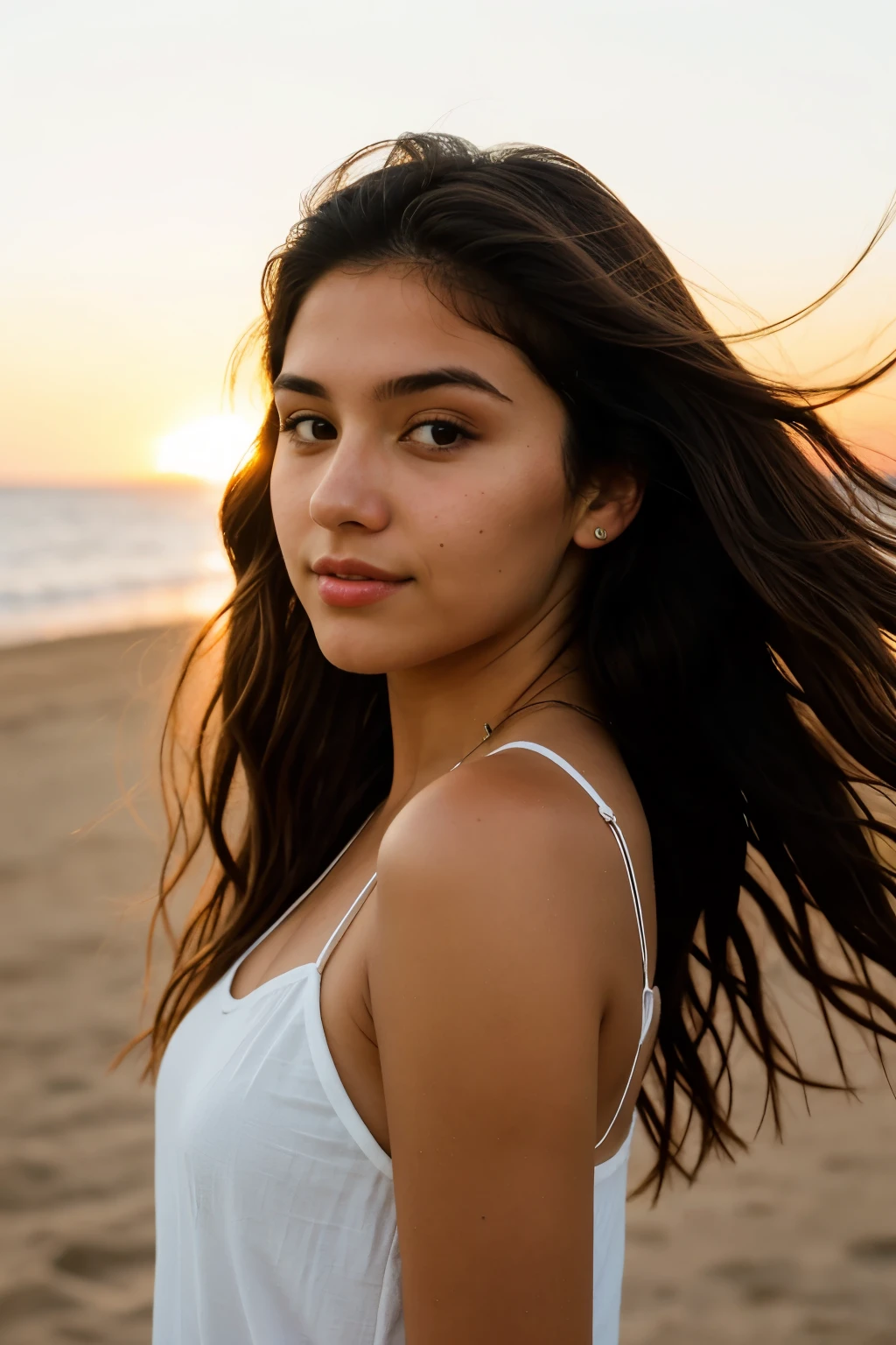 a normal young 18 years old woman with the sunlight in her face. face close pic. pic from a cellphone. not blur. hand in the hair. hand behind head. latina. sunset.