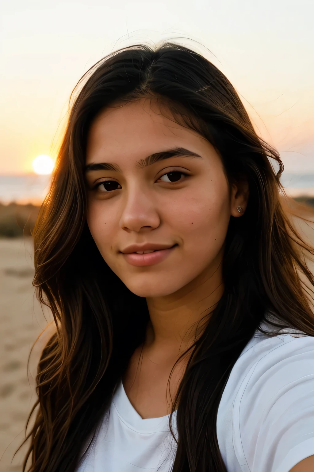 a normal young 18 years old woman with the sunlight in her face. face close pic. pic from a cellphone. not blur. hand in the hair. hand behind head. latina. sunset.