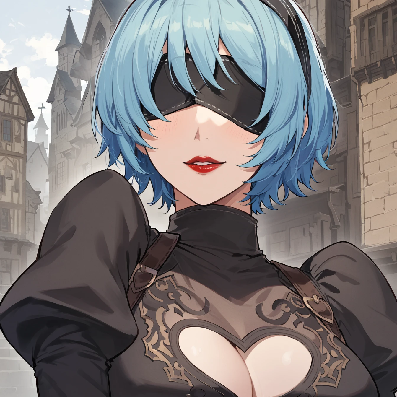 One Girl, Wow, (Blindfold), chest, chestの谷間, chestの谷間 cutout, Dress cutout, Old Western castle street background, Hair between the eyes, head band, High resolution, Juliet Sleeve, Long sleeve, Nier (series), Nier automata, Fluffy sleeves, Red lips, Lips with raised corners of the mouth, Smiling Lips, Shadow Face, short hair, alone, Turtleneck sweater, Upper Body, l Blue hair, null, 