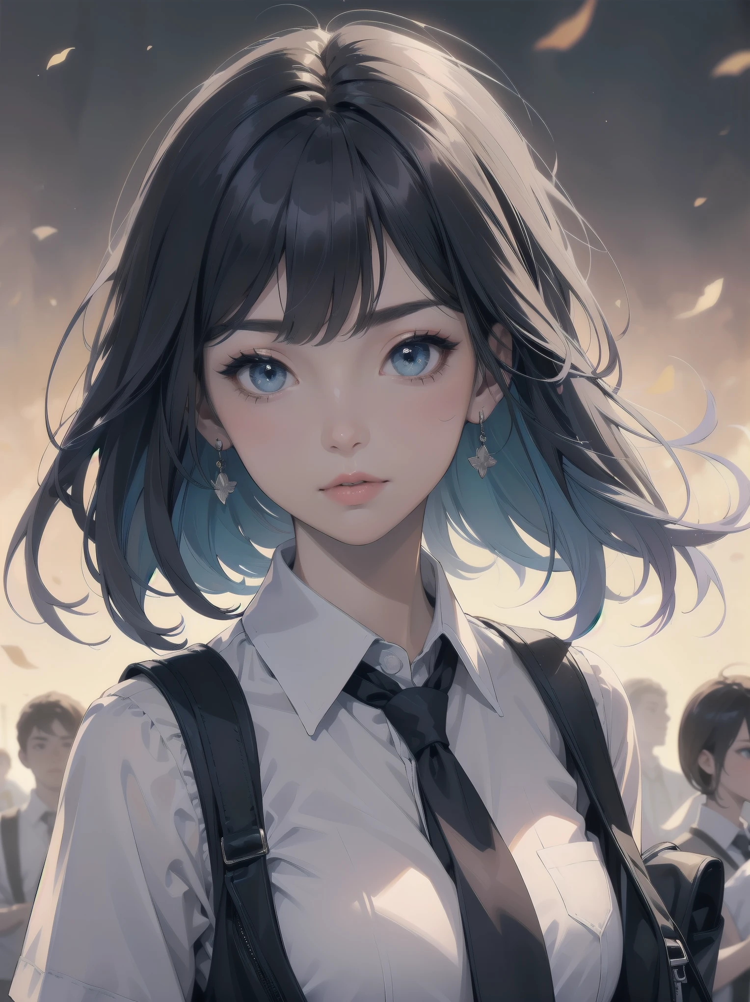 Masterpiece, top quality, super detailed, 16k, One girl, spring, high school, warm colors, school bag, accurate and highly detailed background, flock of schoolgirls in uniforms of various body shapes and hairstyles, cute. Blake. akane kurokawa, 1girl, short hair, blue hair, green eyes, black hair, medium hair, white shirt, collared shirt, , vest, white shirt, sweater vest, black vest, blue necktie, one-length bob, create bangs, add some lightness to the area around the face, and leave the ends of the hair thick throughout. dark blue-purple hair, blue eyes
