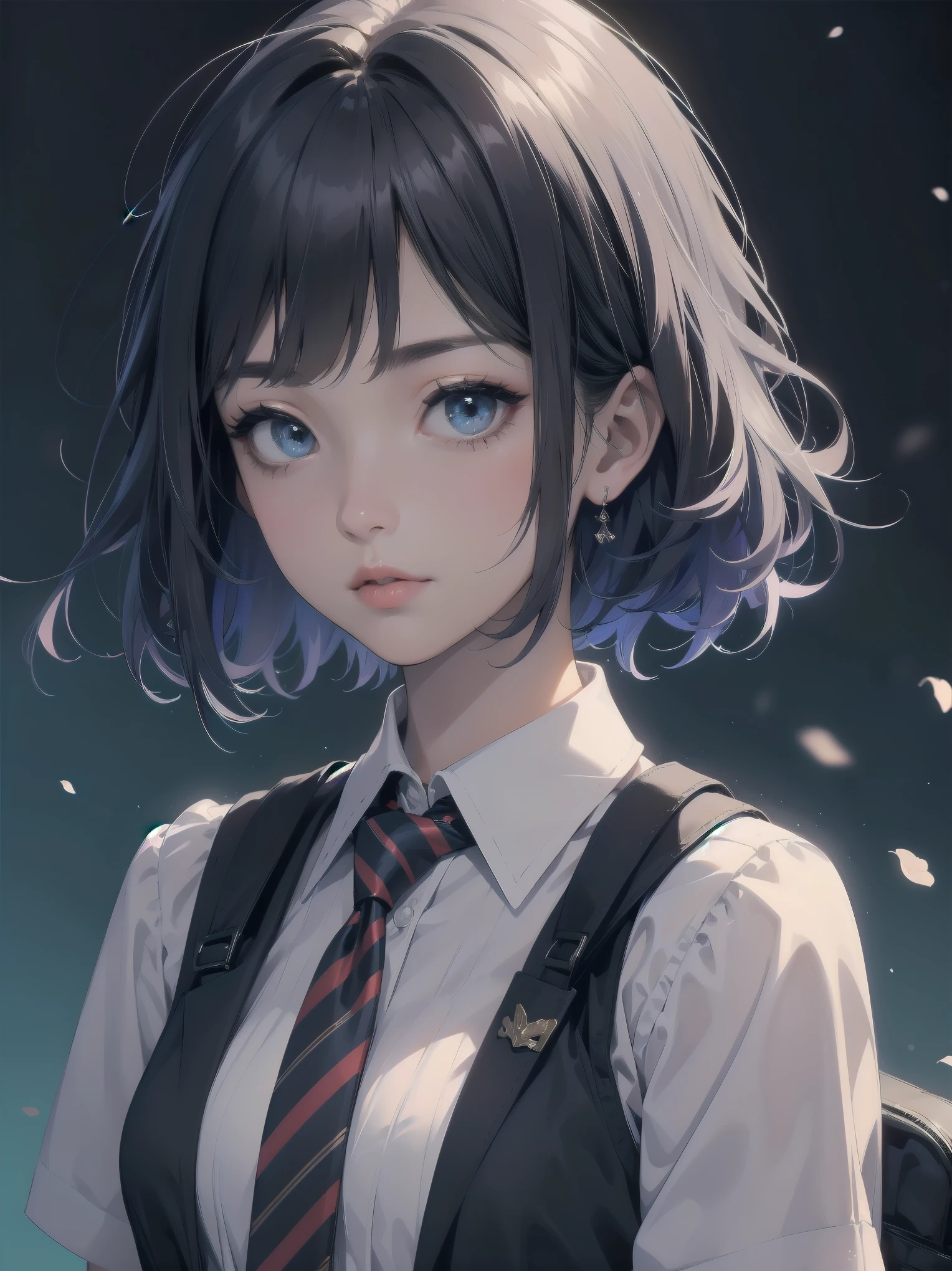 Masterpiece, top quality, super detailed, 16k, One girl, spring, high school, warm colors, school bag, accurate and highly detailed background, flock of schoolgirls in uniforms of various body shapes and hairstyles, cute. Blake. akane kurokawa, 1girl, short hair, blue hair, green eyes, black hair, medium hair, white shirt, collared shirt, , vest, white shirt, sweater vest, black vest, blue necktie, one-length bob, create bangs, add some lightness to the area around the face, and leave the ends of the hair thick throughout. dark blue-purple hair, blue eyes
