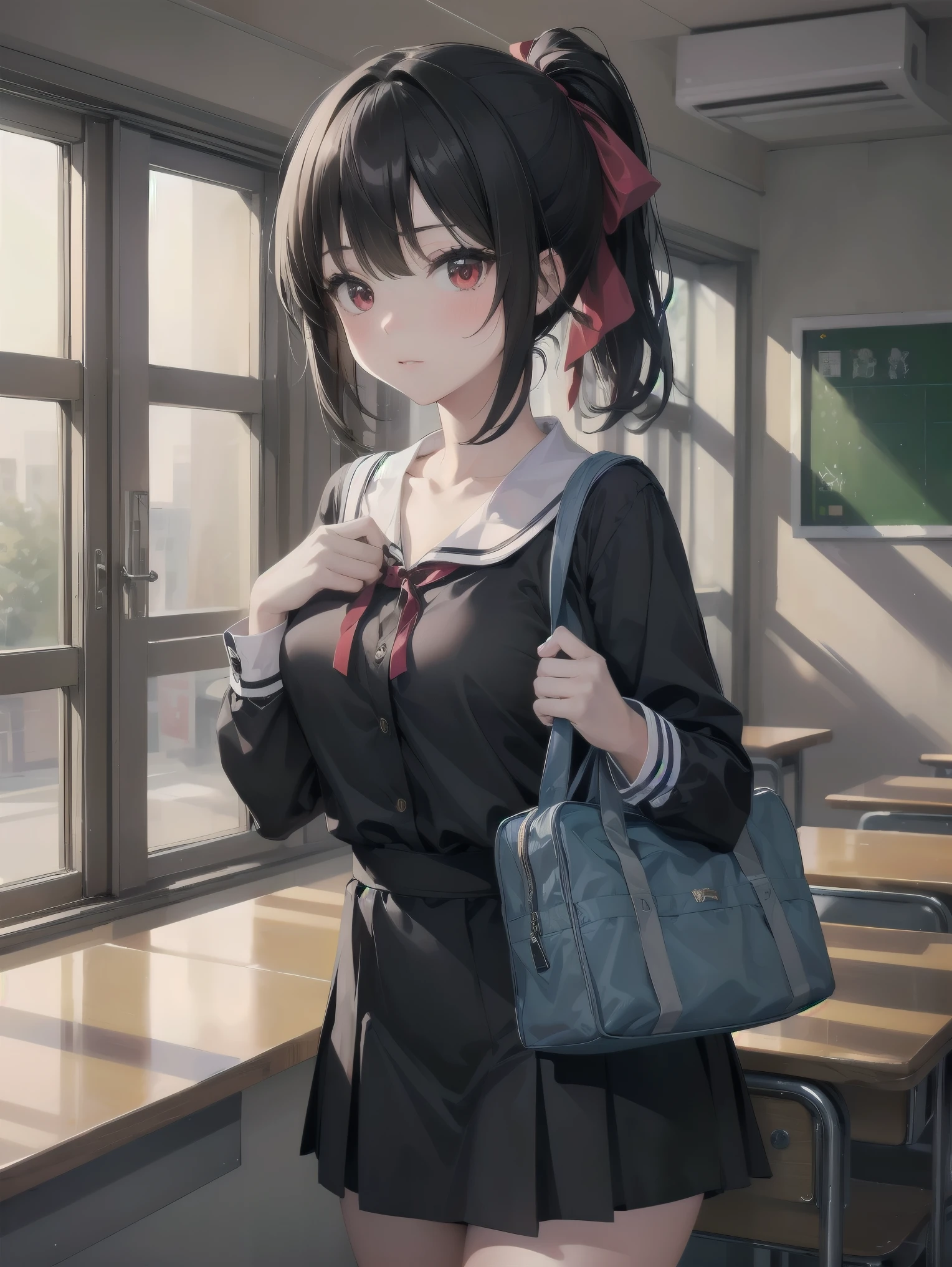 Masterpiece, top quality, super detailed, 16k, One girl, spring, high school, warm colors, school bag, accurate and highly detailed background, flock of schoolgirls in uniforms of various body shapes and hairstyles, cute. Blake. , red eyes, black hair, ribbon, red ribbon, hair ribbon, parted bangs, folded ponytail, , shuuchiin academy , dress, sidelocks, breasts, black dress, collarbone, short hair, long sleeves