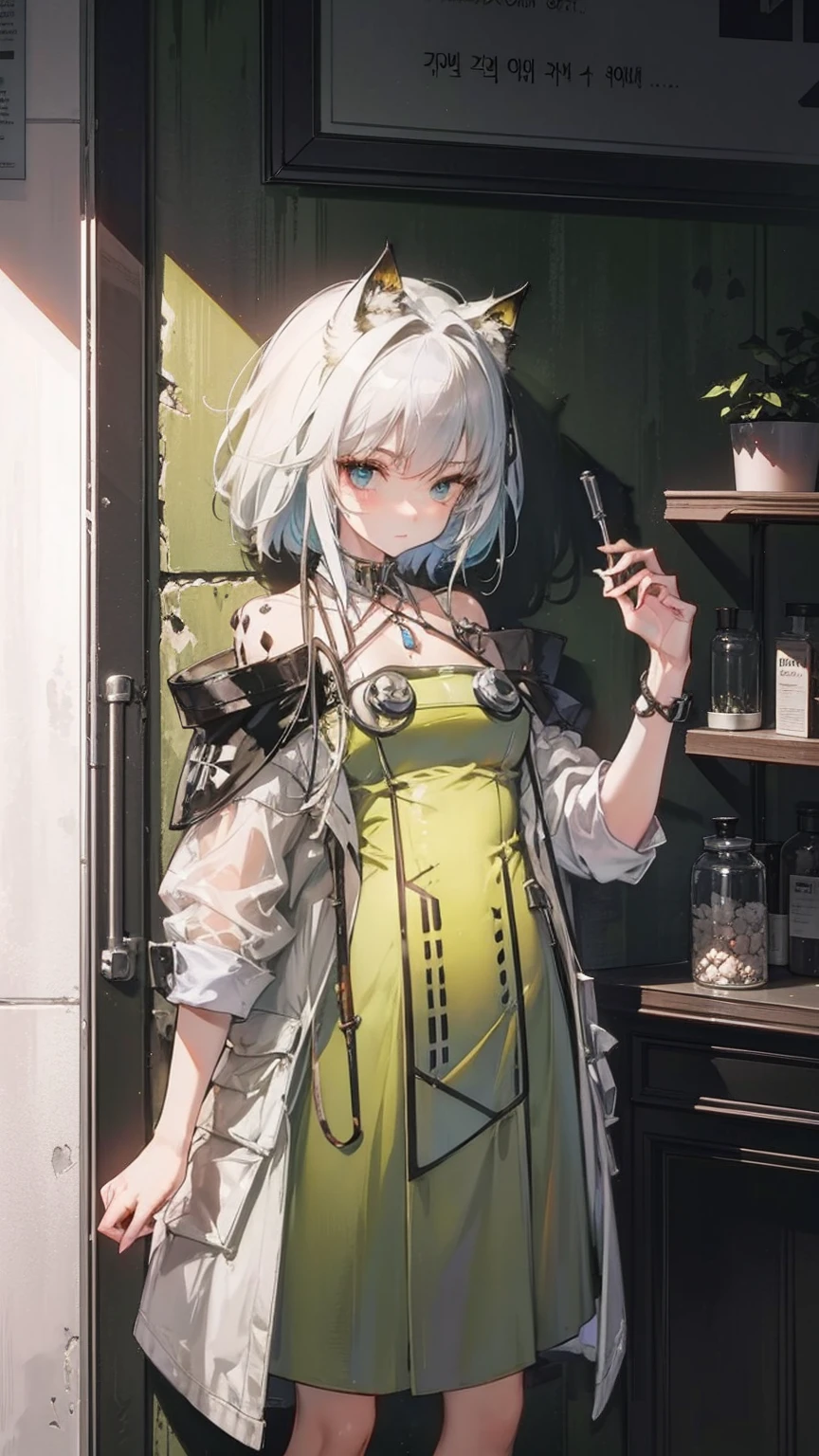 top quality, masterpiece, finely detail, very delicate 8k wallpaper, transcendent beautiful girl, (white camisole dress), pale skin, (Gray medium hair), (Artificial lifeforms soaked in formalin in a cylindrical tank in the background), (Expressionless), (looking away), flat chest, (sitting, wariza), collar with tag, (bare_limbs:1.4), (number tattoo on shoulder), Biotechnology, (biopunk:1.5), (A glass case containing giant moss and mycelia), Scattered research materials, Research facility,