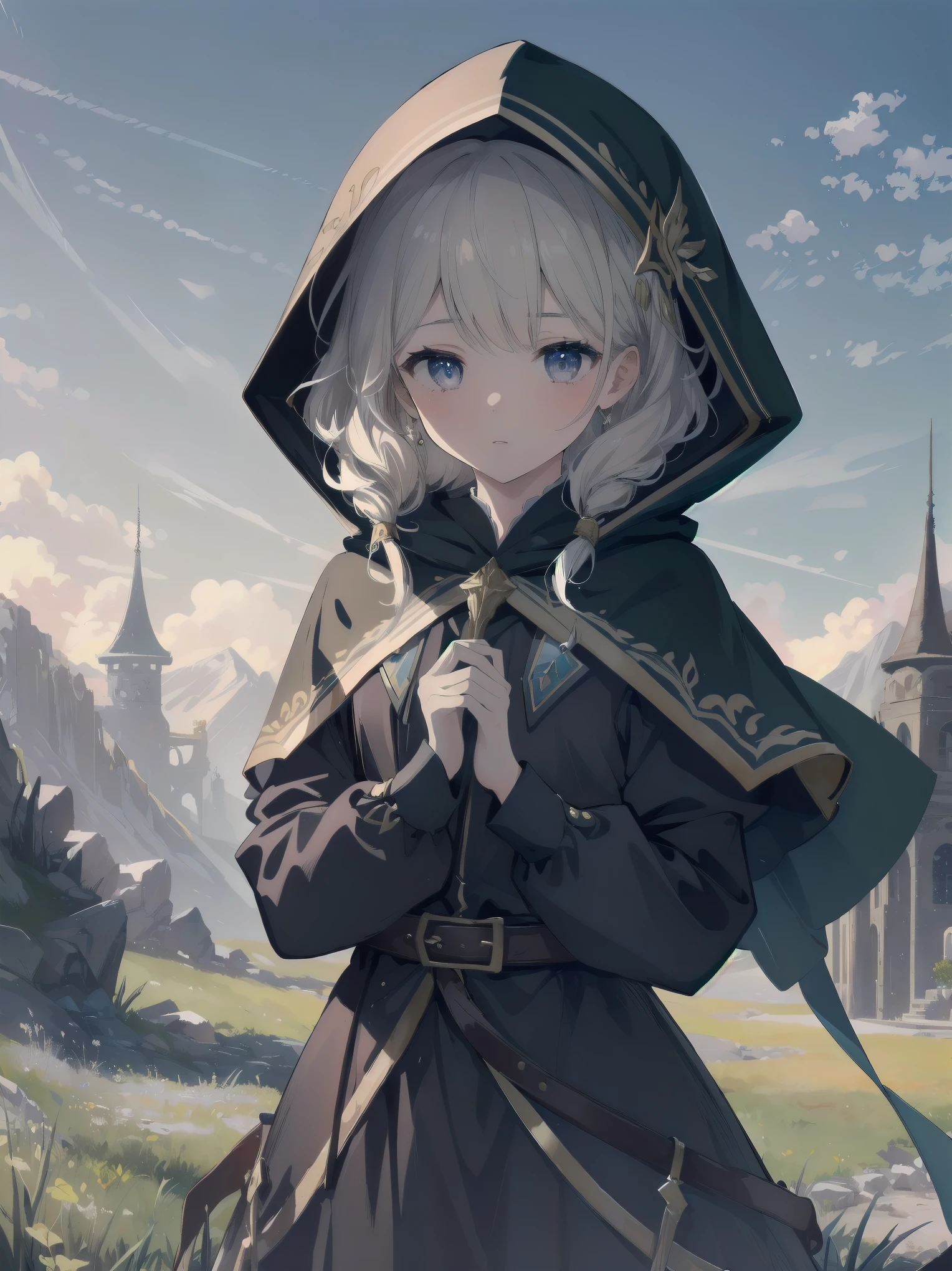 (Masterpiece, top quality, highest quality, official art, beautiful and aesthetic: 1.2), 1 girl, solo, marquise, adventurer, hood, meadow, detailed background, otherworldly fantasy with overwhelming modeling and super detailed amount of writing, one of the most powerful battle scenes, deep and detailed background, cute and beautiful girl, imaginative Cute girls, imaginative posing