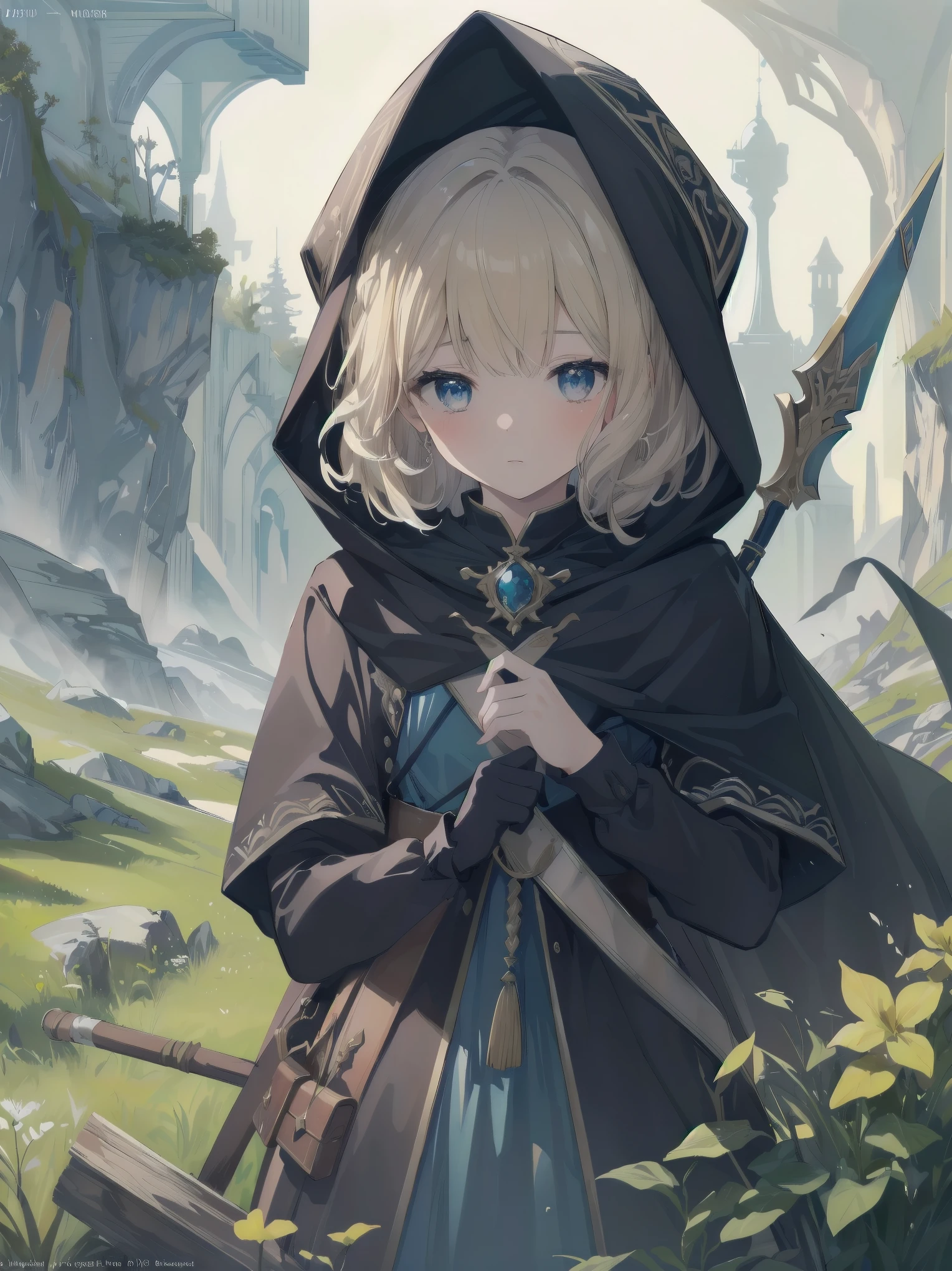 (Masterpiece, top quality, highest quality, official art, beautiful and aesthetic: 1.2), 1 girl, solo, marquise, adventurer, hood, meadow, detailed background, otherworldly fantasy with overwhelming modeling and super detailed amount of writing, one of the most powerful battle scenes, deep and detailed background, cute and beautiful girl, imaginative Cute girls, imaginative posing

