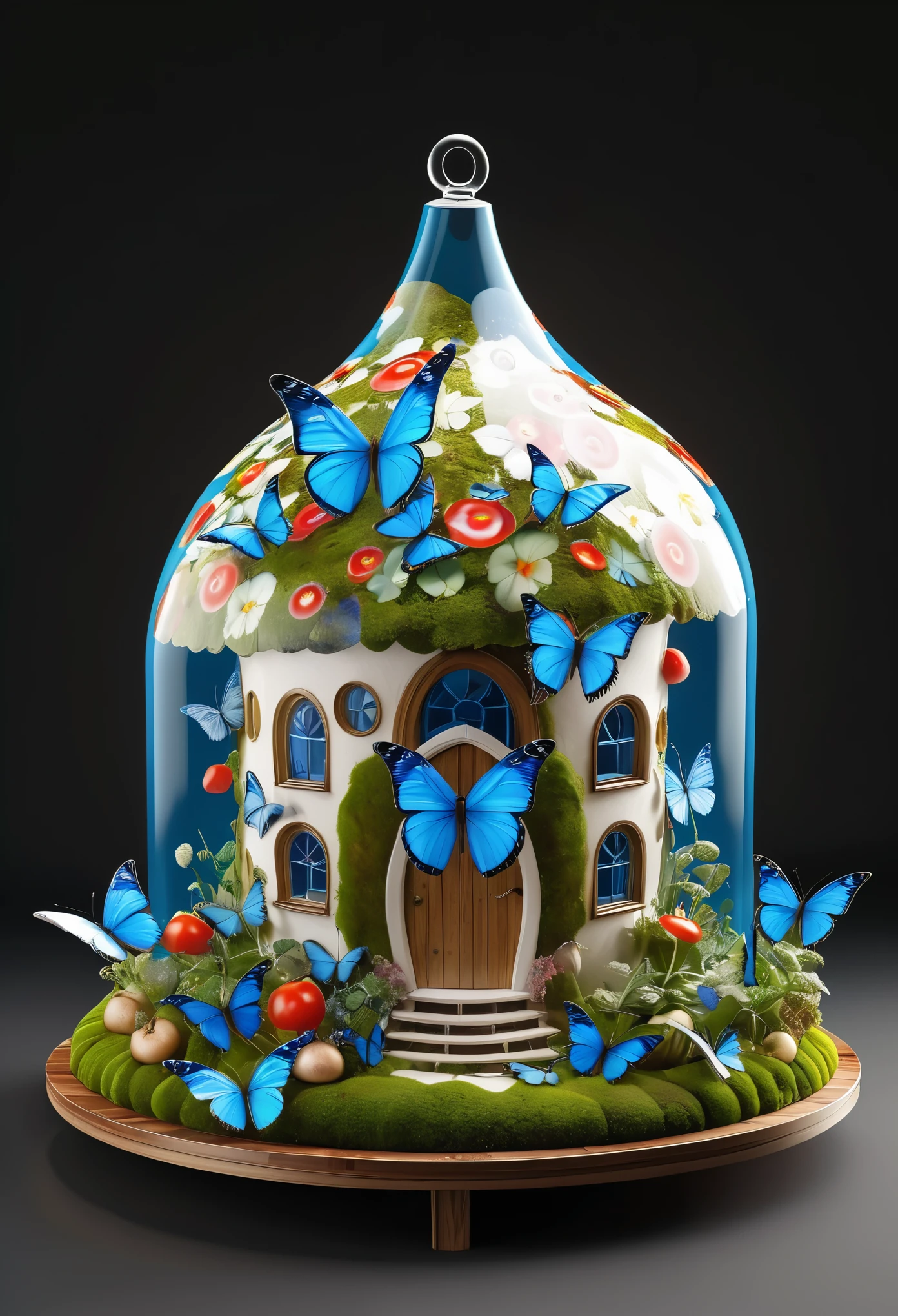 Millefiori glass style, masterpiece, (best quality, 4k, 8k, highres, masterpiece:1.2), (ultra-detailed), (realistic, photorealistic, photo-realistic:1.37), circular radish house covered in moss, (blue butterflies:1.5), isometric 3D, volumetric rendering, ray tracing, extremely detailed.