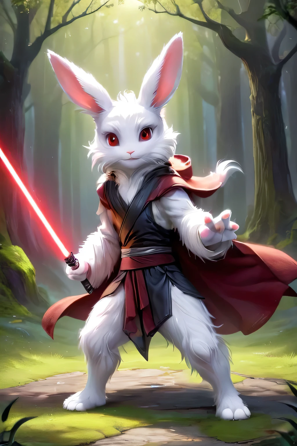fantasy art , 8K, HD, Creature magic,white,red eyes,male,cute,pretty,monster,bunny,standing,anthro,white furry,looking in the camera,fluffy hands,1lightsaber,jedi