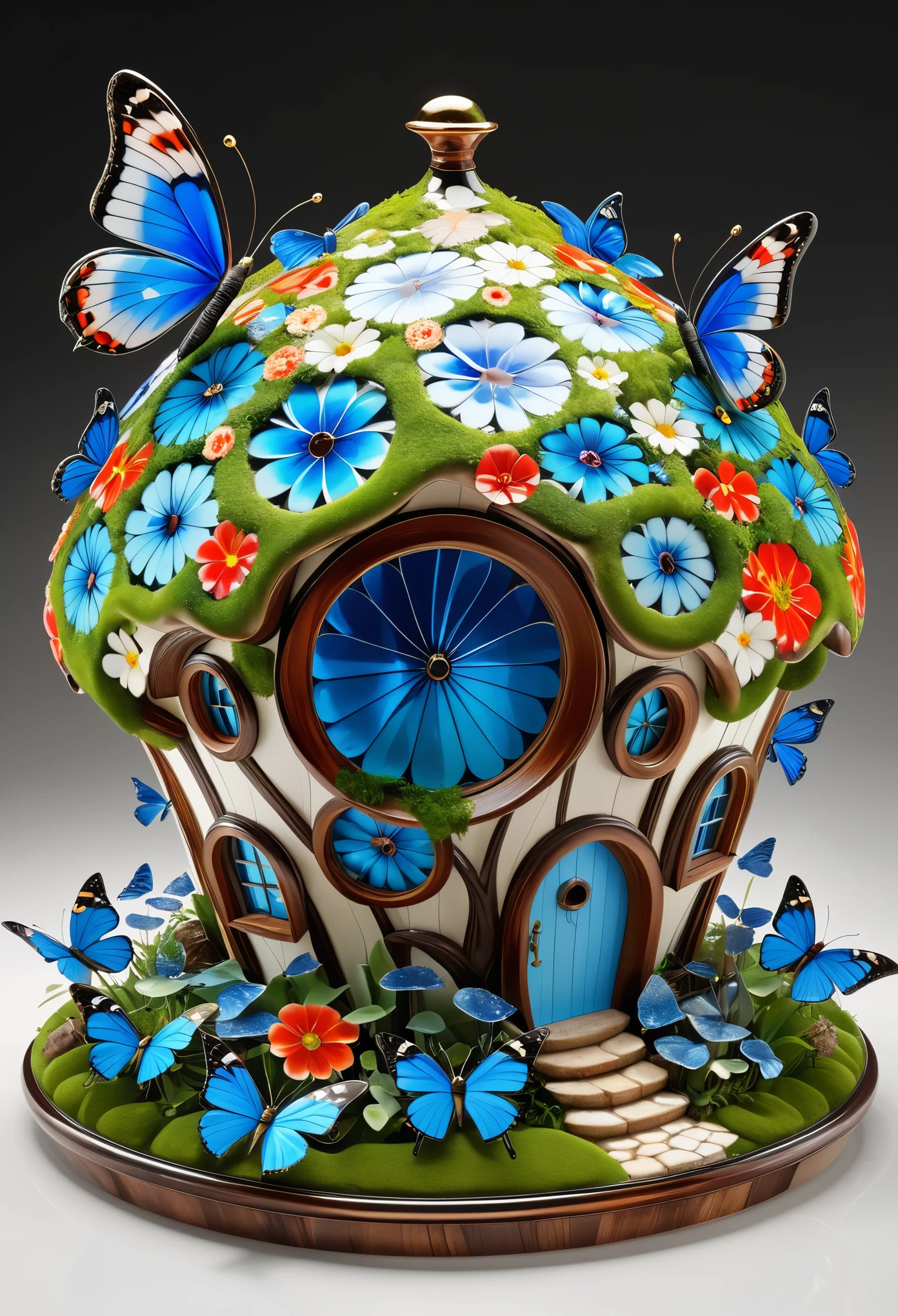 Millefiori glass style, masterpiece, (best quality, 4k, 8k, highres, masterpiece:1.2), (ultra-detailed), (realistic, photorealistic, photo-realistic:1.37), circular radish house covered in moss, (blue butterflies:1.5), isometric 3D, volumetric rendering, ray tracing, extremely detailed.