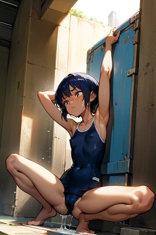 18 year old black man, Dark Skin、Visible nipples、Berry Short、boyish、small size of breasts, Flat Chest、Sidelim body, Squat posture、Spread your legs, Spread your legs, Only one girl, One piece swimsuit、Navy blue school swimsuit、Front of body、looking at the camera、Scared、Shame play、Embarrassing、Are crying、Flowing Tears、barefoot、Girl urinating outdoors、Armpits、Hands behind head