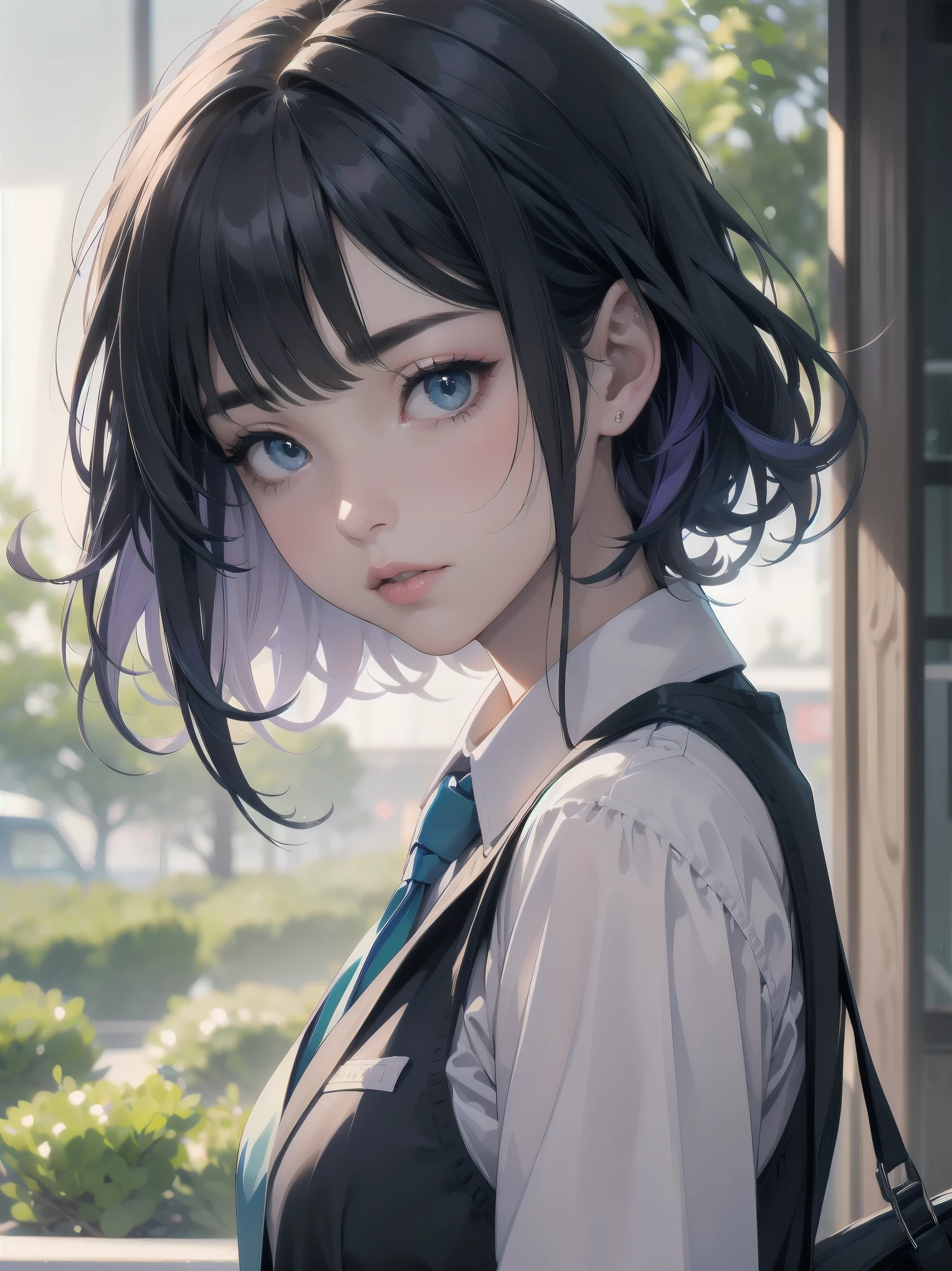 Masterpiece, top quality, super detailed, 16k, One girl, spring, high school, warm colors, school bag, accurate and highly detailed background, flock of schoolgirls in uniforms of various body shapes and hairstyles, cute. Blake. akane kurokawa, 1girl, short hair, blue hair, green eyes, black hair, medium hair, white shirt, collared shirt, , vest, white shirt, sweater vest, black vest, blue necktie, one-length bob, create bangs, add some lightness to the area around the face, and leave the ends of the hair thick throughout. dark blue-purple hair, blue eyes