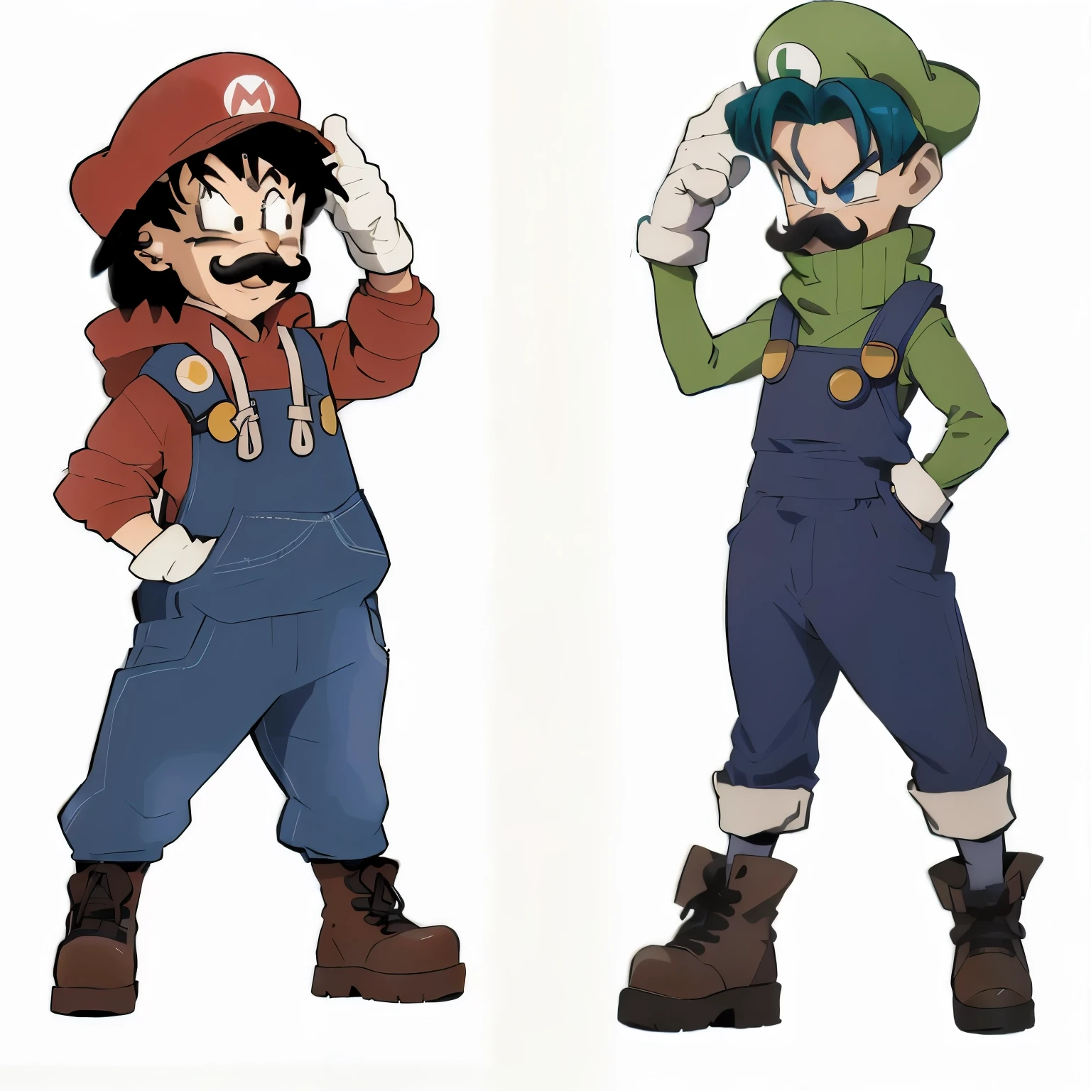 two cartoon characters of Mario and Luigi are standing next to each other, estilo akira toriyama, Mario and Luigi, dragon ball style, Estilo de arte de anime dos anos 90, fanart de alta qualidade, by Akira Toriyama, inspirado em Luigi Kasimir, estilo anime 2d, dois personagens diferentes, inspirado em Akira Toriyama, designs de protagonistas de jogos humanos